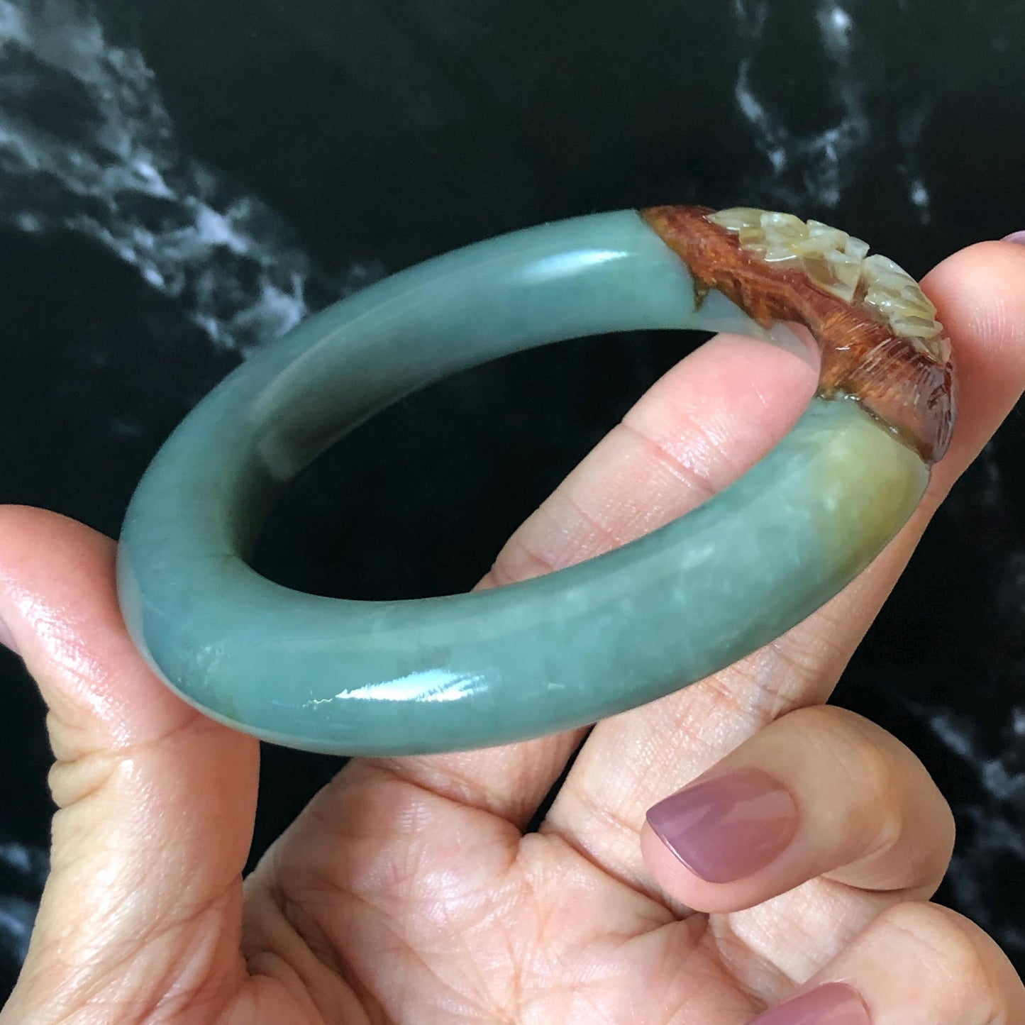 55.4mm Xiu Jade Serpentine Hand Carved Lotus Flower Bangle: Natural Green Brown White Jade Handcrafted Bracelet, Stone Carving Gemstone Jewelry  Gift for her wide jade bangle jade carving hand engraved stone carving natural untreated jade bracelet black jade white jade black jade brown jade handcraft jade lotus carving flower carving chinese jade vintage bangle antique bracelet sesame bracelet multi colour jade