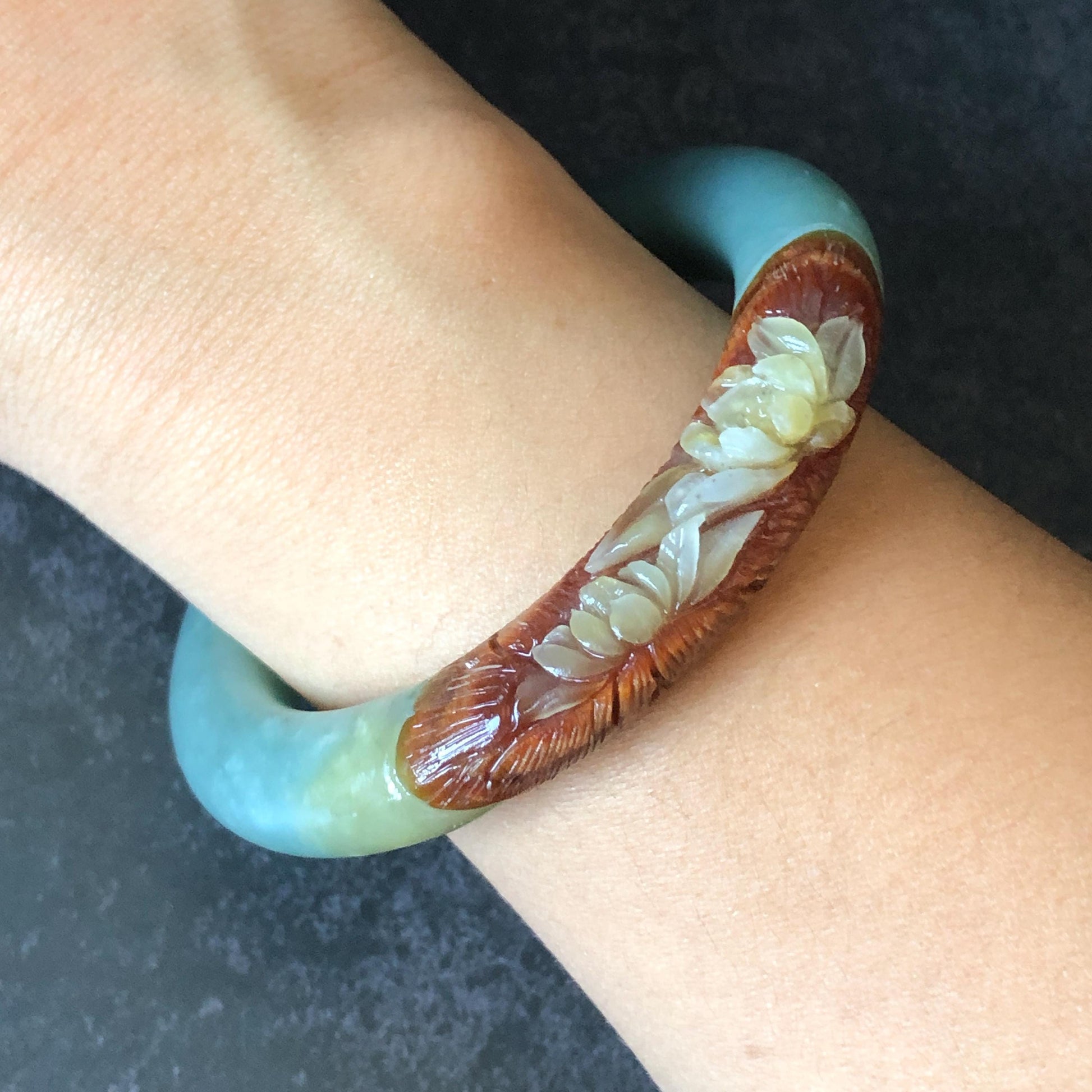55.4mm Xiu Jade Serpentine Hand Carved Lotus Flower Bangle: Natural Green Brown White Jade Handcrafted Bracelet, Stone Carving Gemstone Jewelry  Gift for her wide jade bangle jade carving hand engraved stone carving natural untreated jade bracelet black jade white jade black jade brown jade handcraft jade lotus carving flower carving chinese jade vintage bangle antique bracelet sesame bracelet multi colour jade