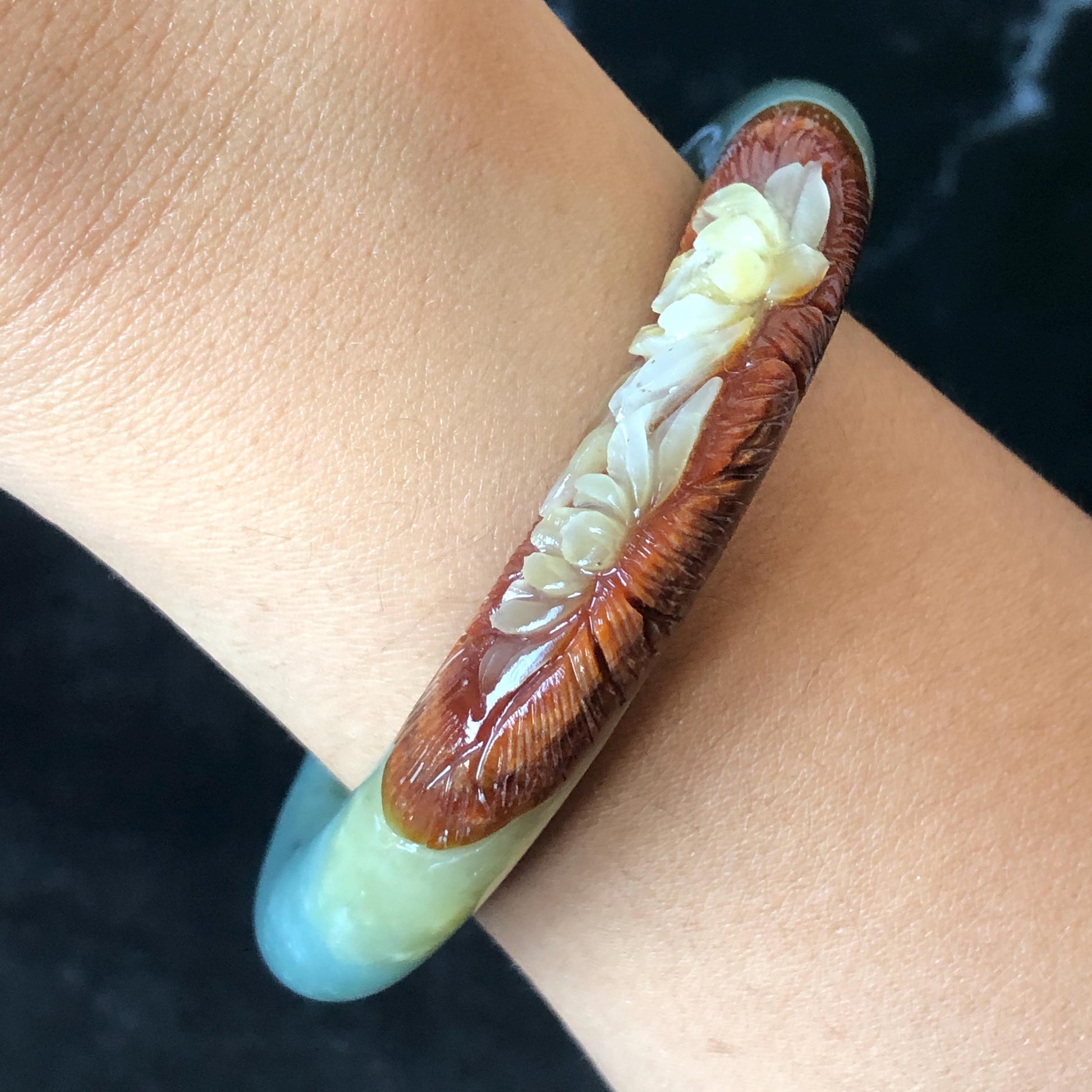 55.4mm Xiu Jade Serpentine Hand Carved Lotus Flower Bangle: Natural Green Brown White Jade Handcrafted Bracelet, Stone Carving Gemstone Jewelry  Gift for her wide jade bangle jade carving hand engraved stone carving natural untreated jade bracelet black jade white jade black jade brown jade handcraft jade lotus carving flower carving chinese jade vintage bangle antique bracelet sesame bracelet multi colour jade