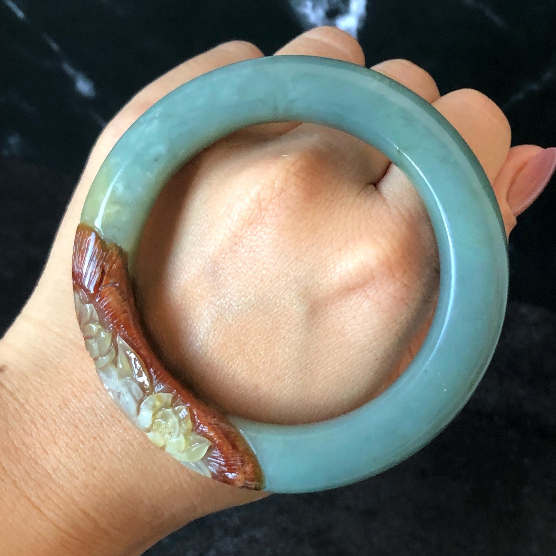 55.4mm Xiu Jade Serpentine Hand Carved Lotus Flower Bangle: Natural Green Brown White Jade Handcrafted Bracelet, Stone Carving Gemstone Jewelry  Gift for her wide jade bangle jade carving hand engraved stone carving natural untreated jade bracelet black jade white jade black jade brown jade handcraft jade lotus carving flower carving chinese jade vintage bangle antique bracelet sesame bracelet multi colour jade