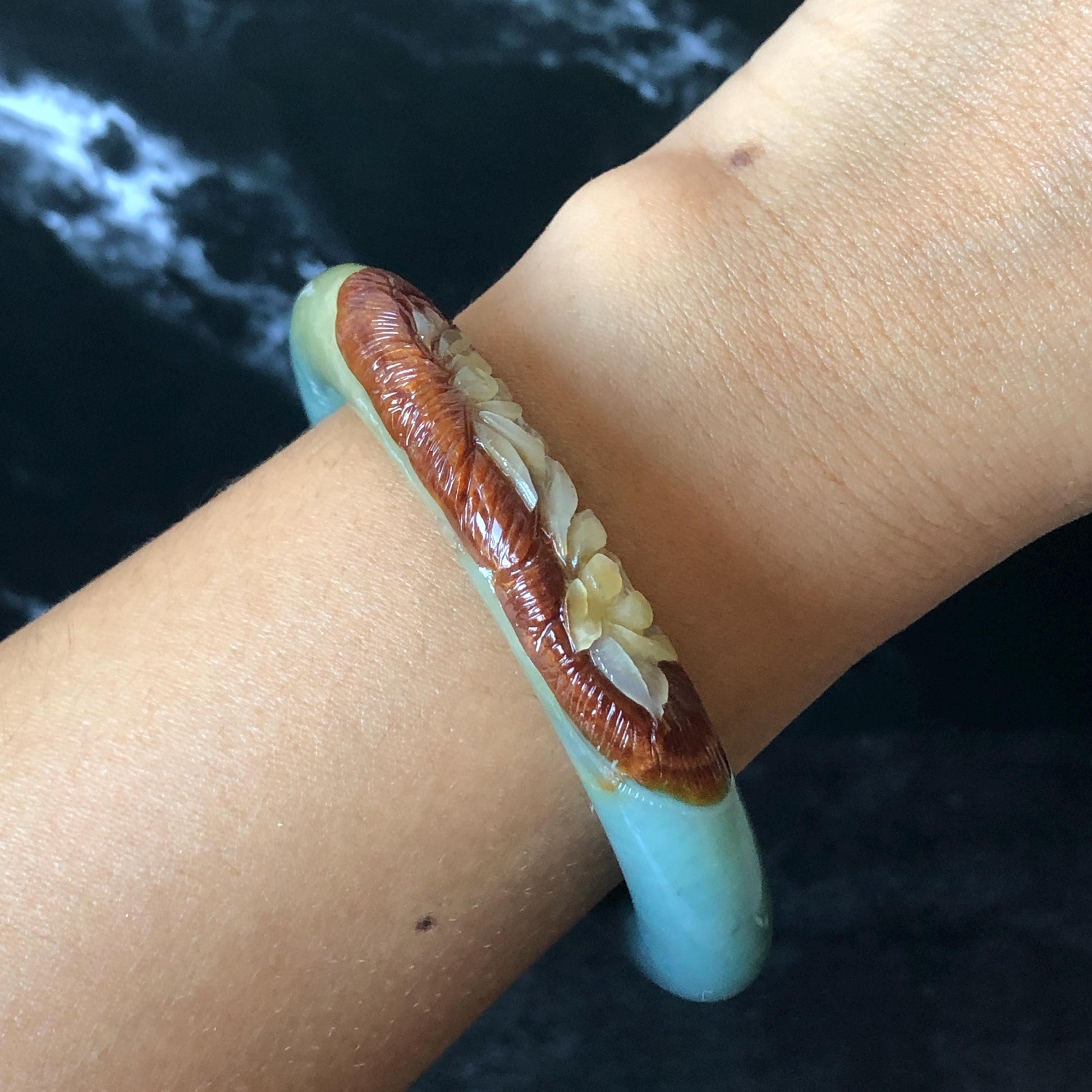 55.4mm Xiu Jade Serpentine Hand Carved Lotus Flower Bangle: Natural Green Brown White Jade Handcrafted Bracelet, Stone Carving Gemstone Jewelry  Gift for her wide jade bangle jade carving hand engraved stone carving natural untreated jade bracelet black jade white jade black jade brown jade handcraft jade lotus carving flower carving chinese jade vintage bangle antique bracelet sesame bracelet multi colour jade