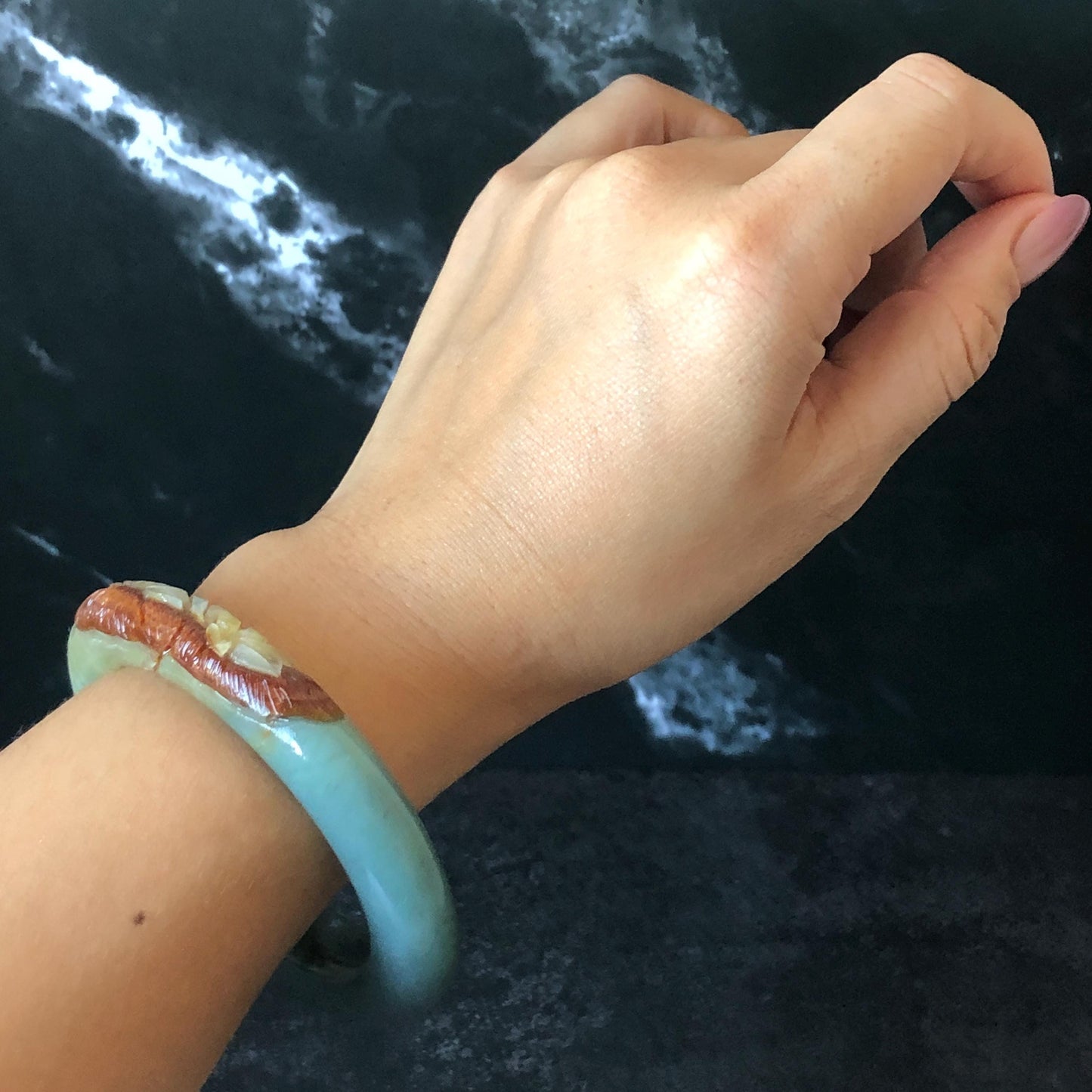 55.4mm Xiu Jade Serpentine Hand Carved Lotus Flower Bangle: Natural Green Brown White Jade Handcrafted Bracelet, Stone Carving Gemstone Jewelry  Gift for her wide jade bangle jade carving hand engraved stone carving natural untreated jade bracelet black jade white jade black jade brown jade handcraft jade lotus carving flower carving chinese jade vintage bangle antique bracelet sesame bracelet multi colour jade