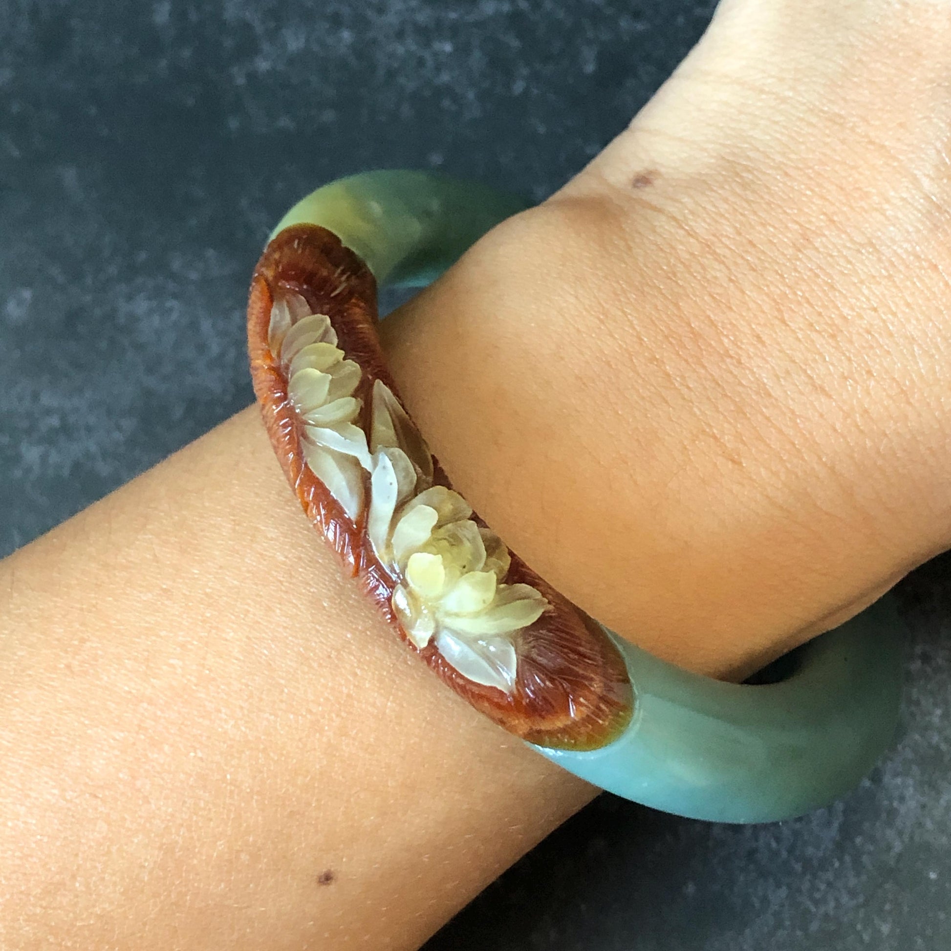 55.4mm Xiu Jade Serpentine Hand Carved Lotus Flower Bangle: Natural Green Brown White Jade Handcrafted Bracelet, Stone Carving Gemstone Jewelry  Gift for her wide jade bangle jade carving hand engraved stone carving natural untreated jade bracelet black jade white jade black jade brown jade handcraft jade lotus carving flower carving chinese jade vintage bangle antique bracelet sesame bracelet multi colour jade