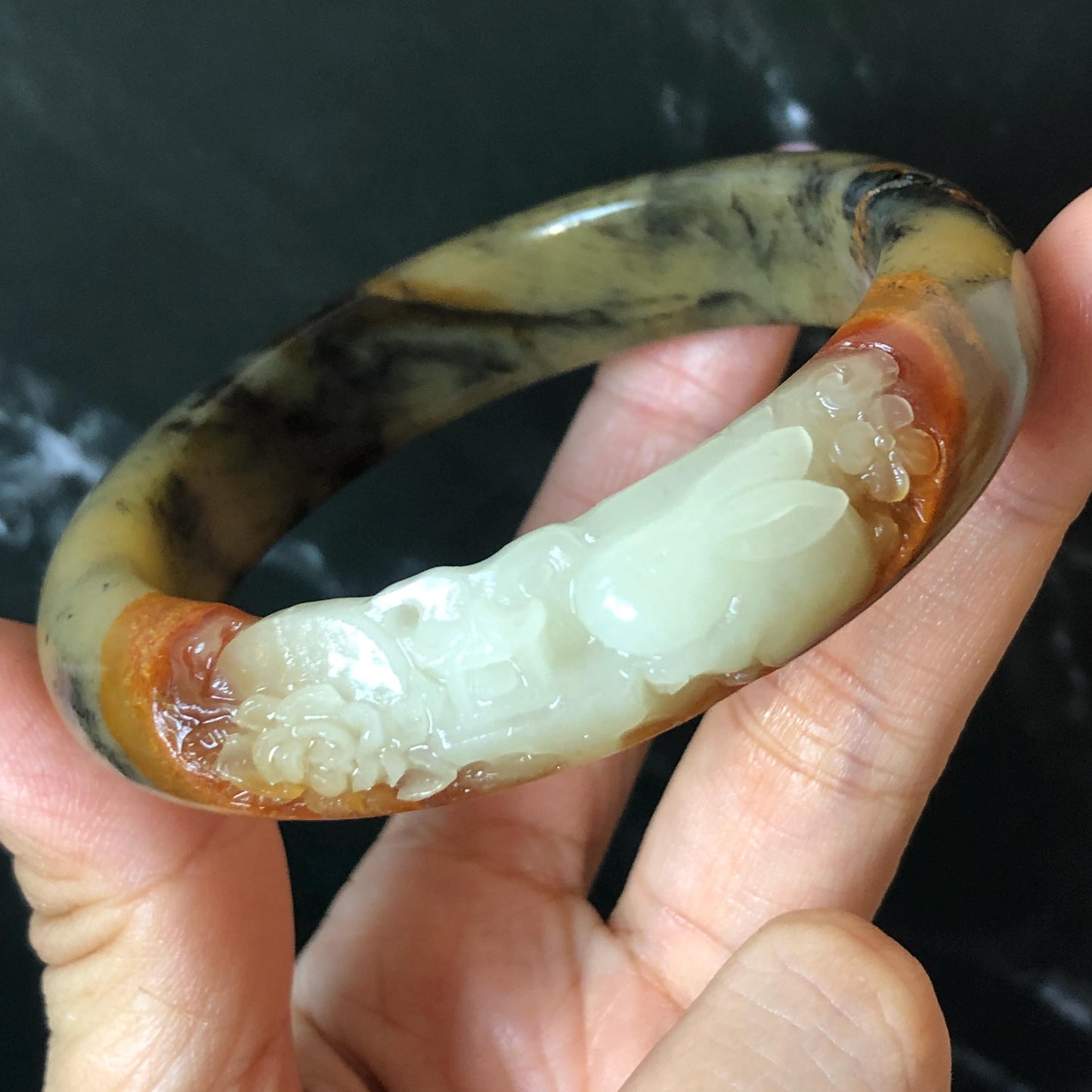 56mm Xiu Jade Serpentine Hand Carved Peony Flowers Bangle: Natural White Brown Yellow Green Jade Handcrafted Bracelet, Stone Carving Gemstone Jewelry Gemstone Jewelry Gift for her wide jade bangle jade carving hand engraved stone carving natural untreated jade bracelet green jade yellow jade brown jade handcraft jade peony carving flower carving chinese jade vintage bangle antique bracelet