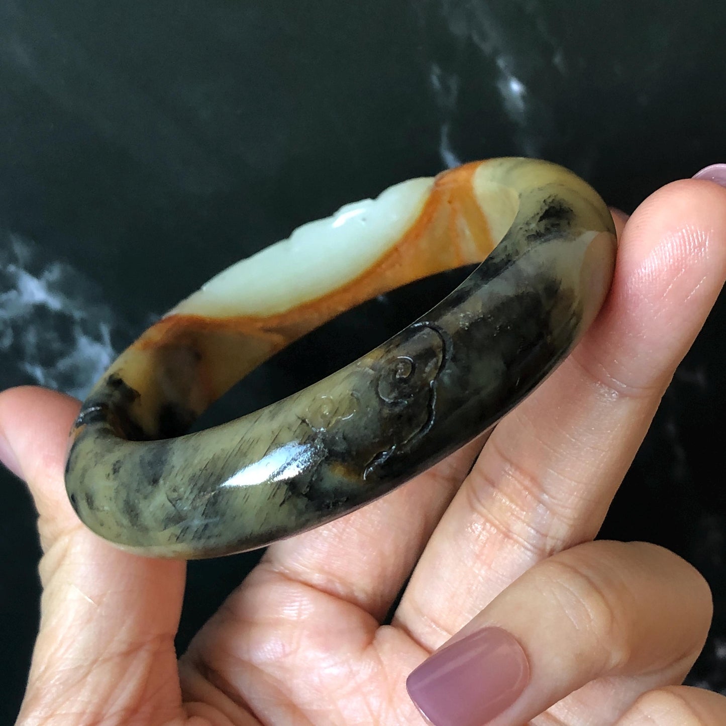 56mm Xiu Jade Serpentine Hand Carved Peony Flowers Bangle: Natural White Brown Yellow Green Jade Handcrafted Bracelet, Stone Carving Gemstone Jewelry Gemstone Jewelry Gift for her wide jade bangle jade carving hand engraved stone carving natural untreated jade bracelet green jade yellow jade brown jade handcraft jade peony carving flower carving chinese jade vintage bangle antique bracelet