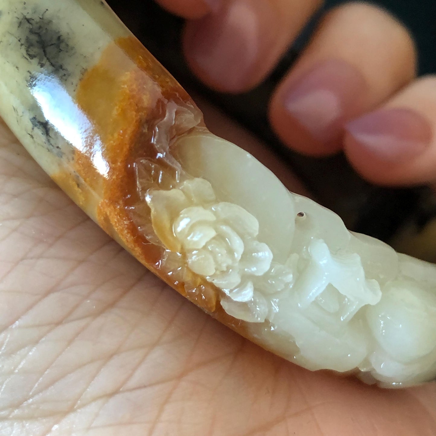 56mm Xiu Jade Serpentine Hand Carved Peony Flowers Bangle: Natural White Brown Yellow Green Jade Handcrafted Bracelet, Stone Carving Gemstone Jewelry Gemstone Jewelry Gift for her wide jade bangle jade carving hand engraved stone carving natural untreated jade bracelet green jade yellow jade brown jade handcraft jade peony carving flower carving chinese jade vintage bangle antique bracelet