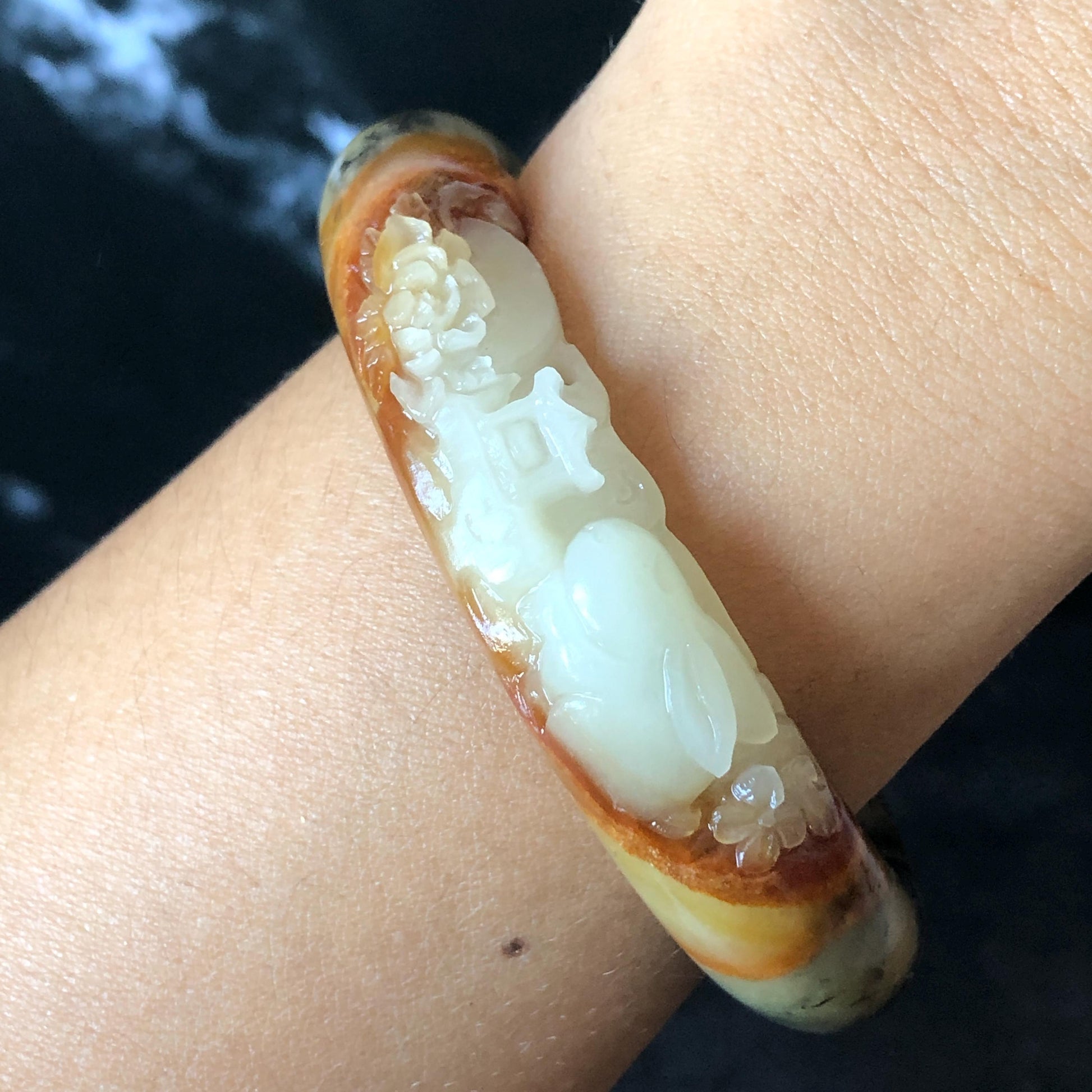 56mm Xiu Jade Serpentine Hand Carved Peony Flowers Bangle: Natural White Brown Yellow Green Jade Handcrafted Bracelet, Stone Carving Gemstone Jewelry Gemstone Jewelry Gift for her wide jade bangle jade carving hand engraved stone carving natural untreated jade bracelet green jade yellow jade brown jade handcraft jade peony carving flower carving chinese jade vintage bangle antique bracelet