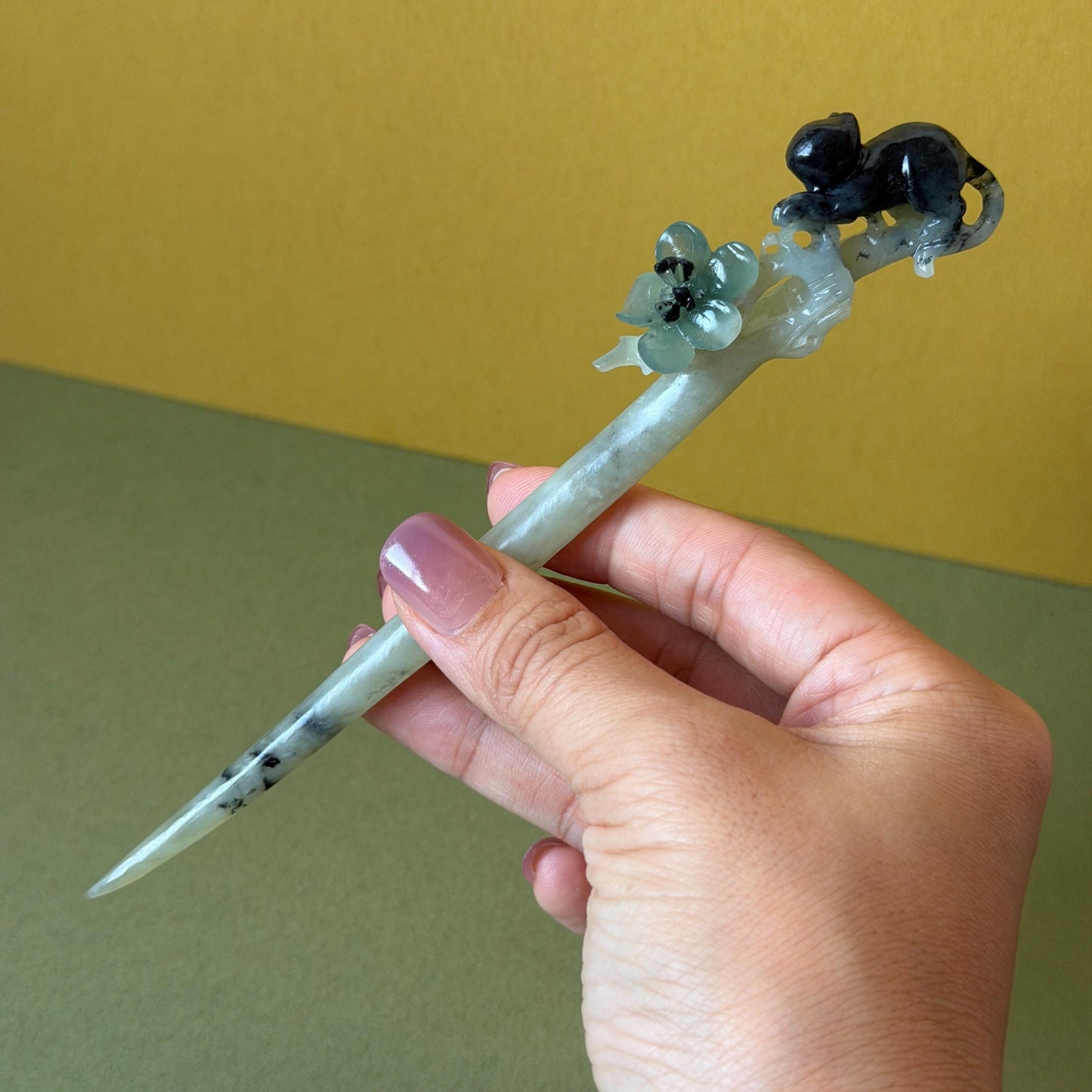 Xiu Jade Serpentine Hand Carved Cat Kitten with Butterfly Hair Pin | Natural Certified Yellow & Blue Jade Handcrafted Flower Hair Stick | Cat Lover Gift for her blue jade yellow jade brown jade carving frosty blue jade sky blue jade cat carving kitten carving hand engraved cat hair stick hand carved kitten hairpins japanese hair clip korean hair fork vintage hair comb hanfu hair pins untreated jade with certificate butterfly carving butterfly hair stick flower carving 3D stone carving