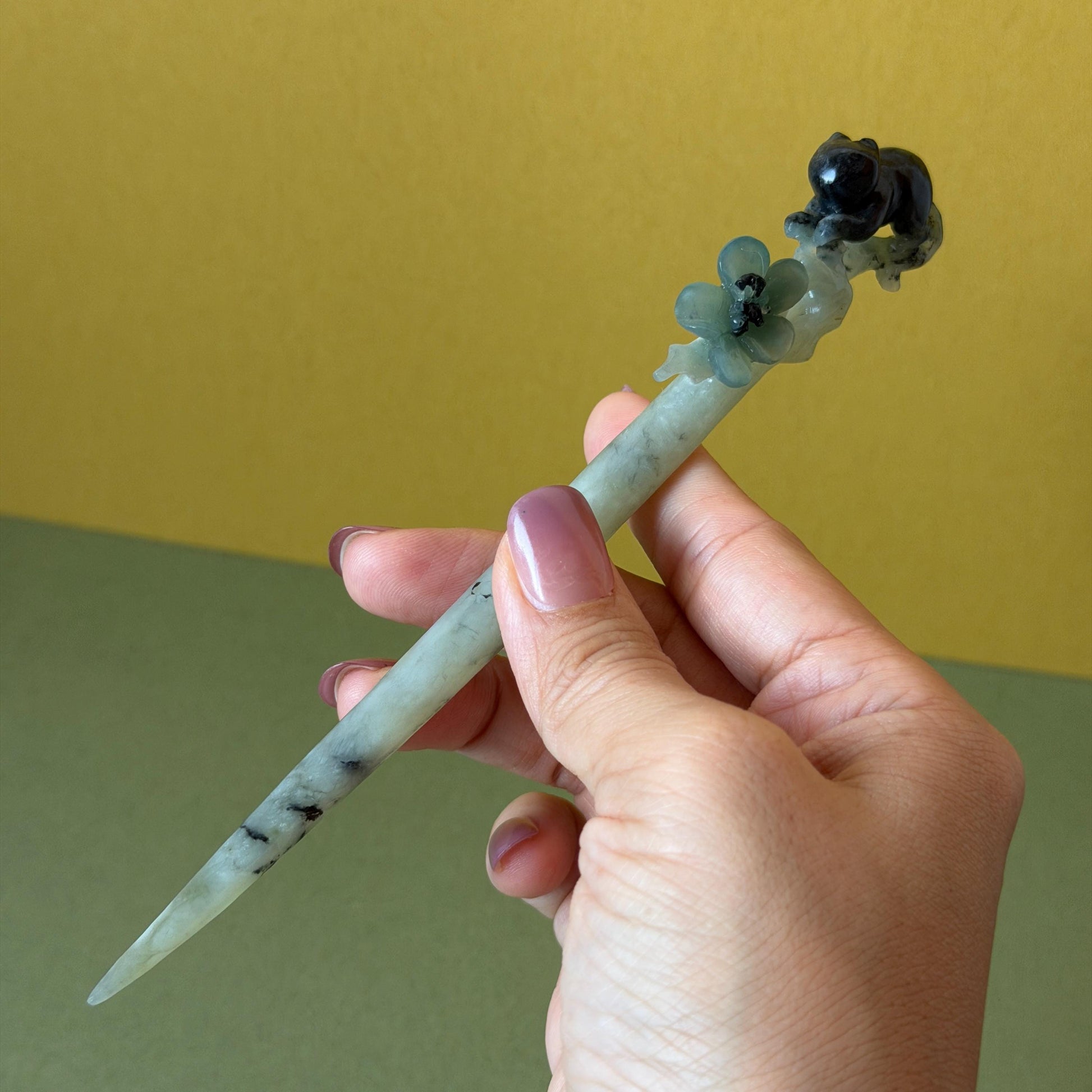 Xiu Jade Serpentine Hand Carved Cat Kitten with Butterfly Hair Pin | Natural Certified Yellow & Blue Jade Handcrafted Flower Hair Stick | Cat Lover Gift for her blue jade yellow jade brown jade carving frosty blue jade sky blue jade cat carving kitten carving hand engraved cat hair stick hand carved kitten hairpins japanese hair clip korean hair fork vintage hair comb hanfu hair pins untreated jade with certificate butterfly carving butterfly hair stick flower carving 3D stone carving