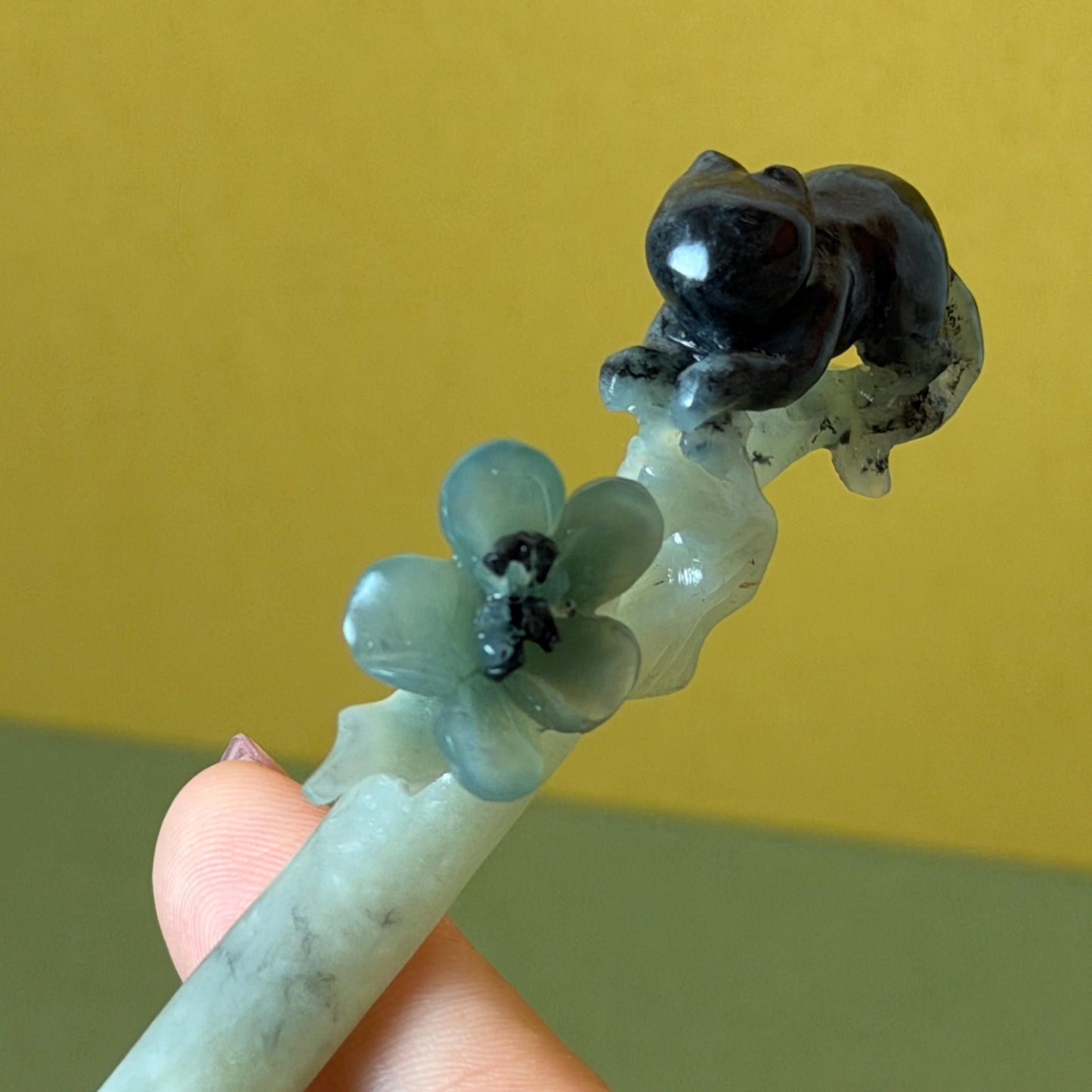 Xiu Jade Serpentine Hand Carved Cat Kitten with Butterfly Hair Pin | Natural Certified Yellow & Blue Jade Handcrafted Flower Hair Stick | Cat Lover Gift for her blue jade yellow jade brown jade carving frosty blue jade sky blue jade cat carving kitten carving hand engraved cat hair stick hand carved kitten hairpins japanese hair clip korean hair fork vintage hair comb hanfu hair pins untreated jade with certificate butterfly carving butterfly hair stick flower carving 3D stone carving