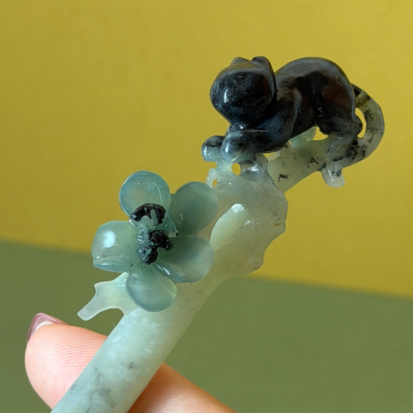 Xiu Jade Serpentine Hand Carved Cat Kitten with Butterfly Hair Pin | Natural Certified Yellow & Blue Jade Handcrafted Flower Hair Stick | Cat Lover Gift for her blue jade yellow jade brown jade carving frosty blue jade sky blue jade cat carving kitten carving hand engraved cat hair stick hand carved kitten hairpins japanese hair clip korean hair fork vintage hair comb hanfu hair pins untreated jade with certificate butterfly carving butterfly hair stick flower carving 3D stone carving