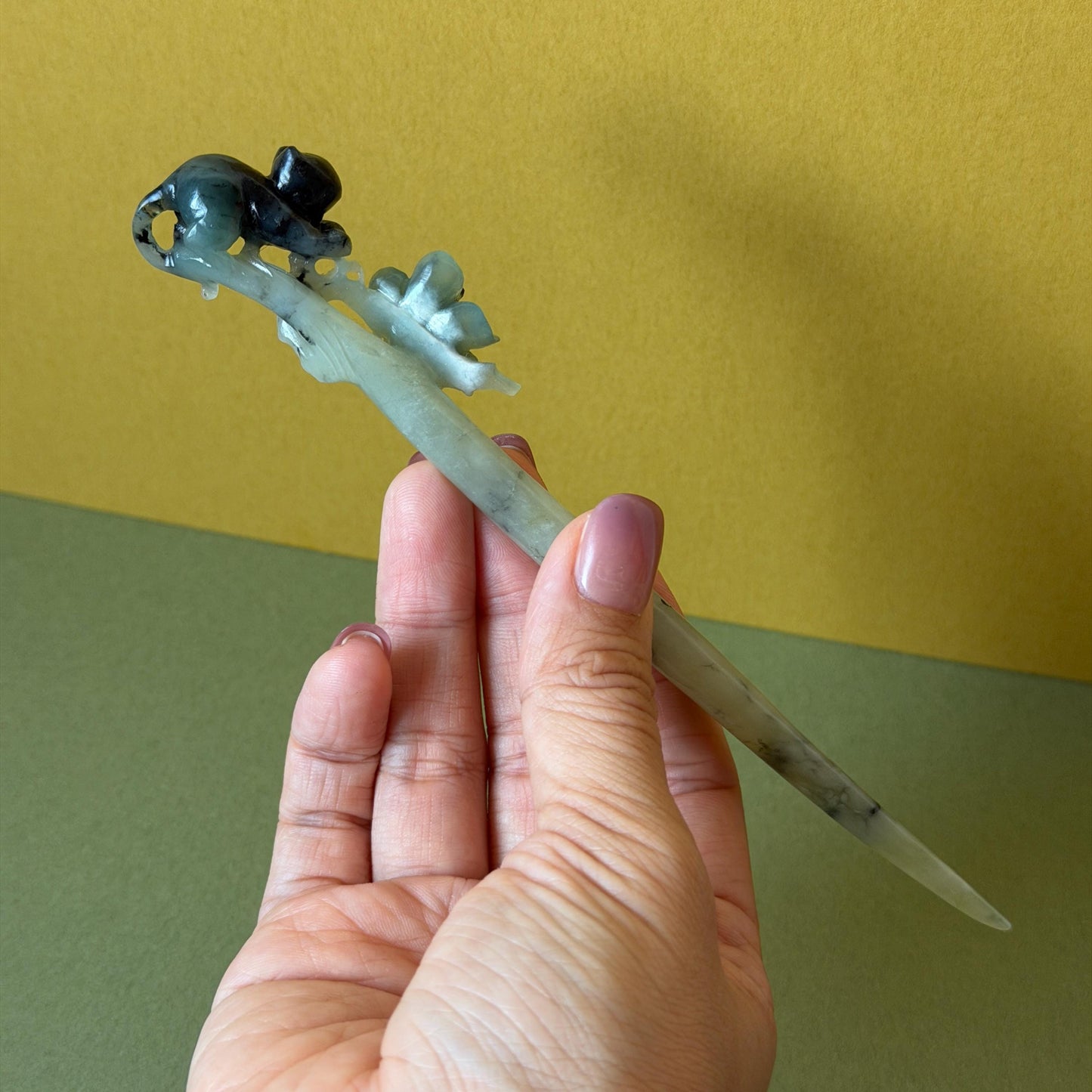 Xiu Jade Serpentine Hand Carved Cat Kitten with Butterfly Hair Pin | Natural Certified Yellow & Blue Jade Handcrafted Flower Hair Stick | Cat Lover Gift for her blue jade yellow jade brown jade carving frosty blue jade sky blue jade cat carving kitten carving hand engraved cat hair stick hand carved kitten hairpins japanese hair clip korean hair fork vintage hair comb hanfu hair pins untreated jade with certificate butterfly carving butterfly hair stick flower carving 3D stone carving