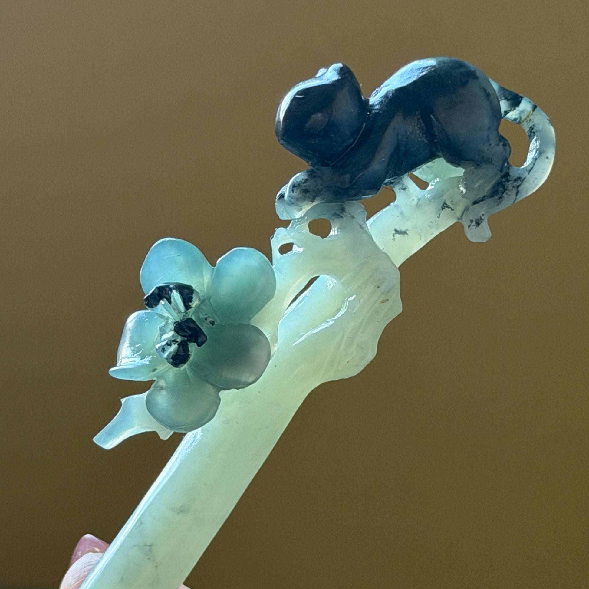 Xiu Jade Serpentine Hand Carved Cat Kitten with Butterfly Hair Pin | Natural Certified Yellow & Blue Jade Handcrafted Flower Hair Stick | Cat Lover Gift for her blue jade yellow jade brown jade carving frosty blue jade sky blue jade cat carving kitten carving hand engraved cat hair stick hand carved kitten hairpins japanese hair clip korean hair fork vintage hair comb hanfu hair pins untreated jade with certificate butterfly carving butterfly hair stick flower carving 3D stone carving