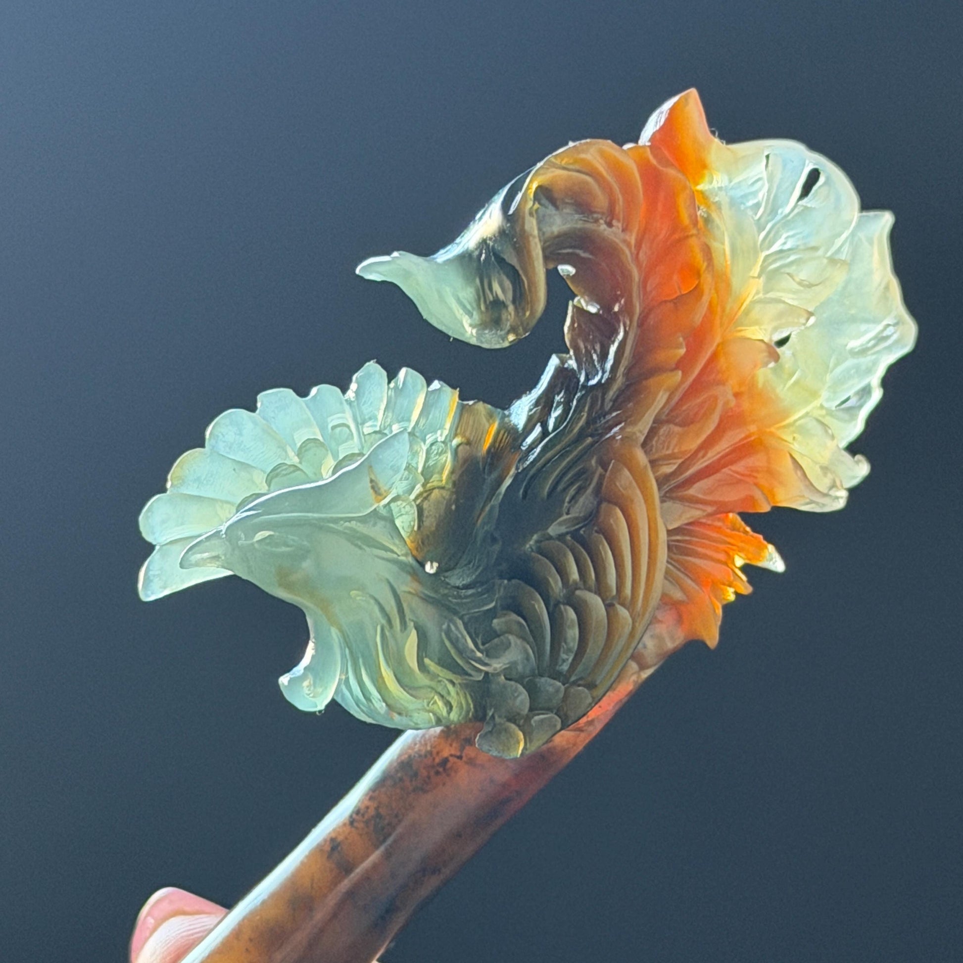 Xiu Jade (Serpentine) Hand Carved Phoenix Hair Pin: Natural Multi-coloured Brown, White, Blue Jade Hair Stick, 3D stone carving | Asian Chinese Vintage Hanfu Hair Fork gift for her blue jade green jade brown jade white jade multi color jade carving phoenix carving  certified natural jade untreated jade with certificate chinese hairpins japanese hair pins korean hair stick hanfu hair comb antique hair fork wedding headpiece