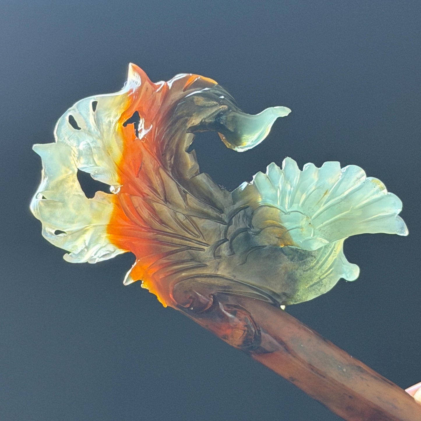 Xiu Jade (Serpentine) Hand Carved Phoenix Hair Pin: Natural Multi-coloured Brown, White, Blue Jade Hair Stick, 3D stone carving | Asian Chinese Vintage Hanfu Hair Fork gift for her blue jade green jade brown jade white jade multi color jade carving phoenix carving  certified natural jade untreated jade with certificate chinese hairpins japanese hair pins korean hair stick hanfu hair comb antique hair fork wedding headpiece