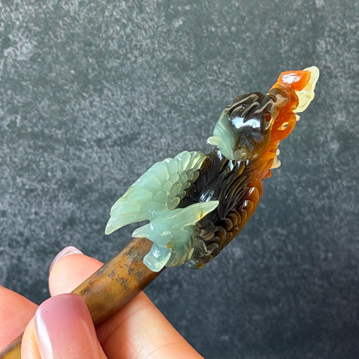 Xiu Jade (Serpentine) Hand Carved Phoenix Hair Pin: Natural Multi-coloured Brown, White, Blue Jade Hair Stick, 3D stone carving | Asian Chinese Vintage Hanfu Hair Fork gift for her blue jade green jade brown jade white jade multi color jade carving phoenix carving  certified natural jade untreated jade with certificate chinese hairpins japanese hair pins korean hair stick hanfu hair comb antique hair fork wedding headpiece