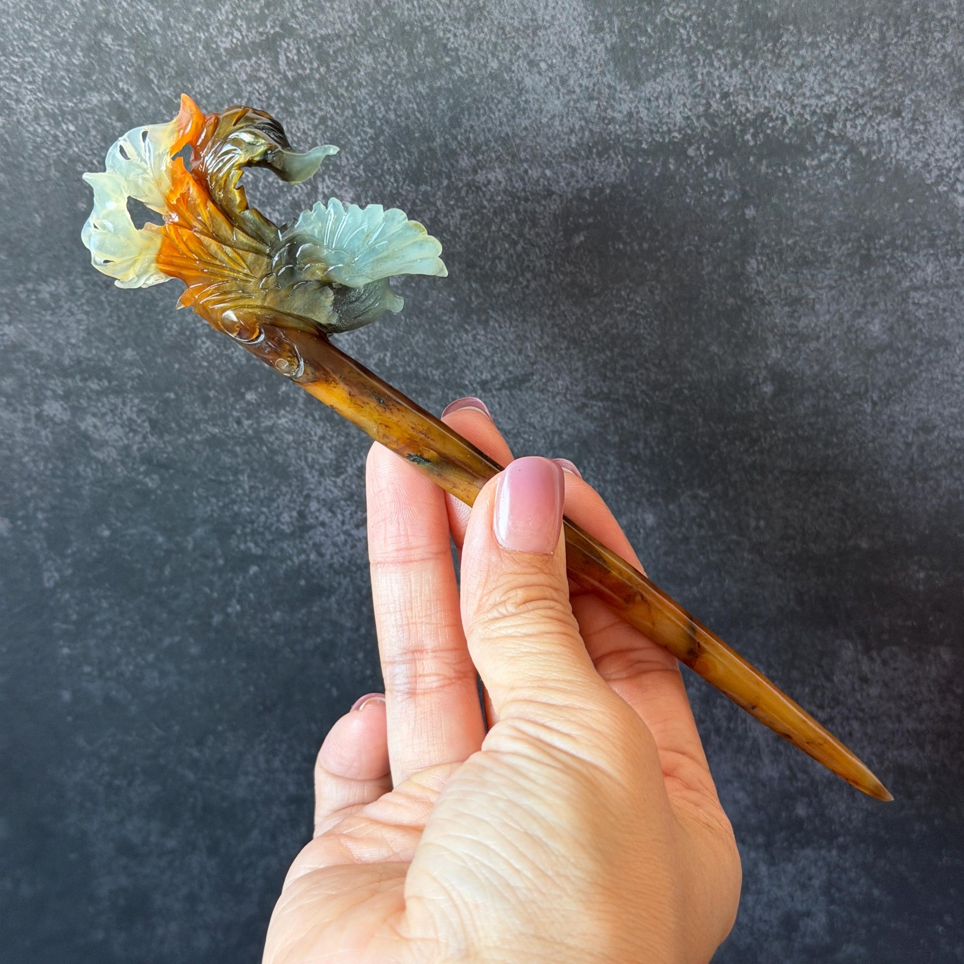 Xiu Jade (Serpentine) Hand Carved Phoenix Hair Pin: Natural Multi-coloured Brown, White, Blue Jade Hair Stick, 3D stone carving | Asian Chinese Vintage Hanfu Hair Fork gift for her blue jade green jade brown jade white jade multi color jade carving phoenix carving  certified natural jade untreated jade with certificate chinese hairpins japanese hair pins korean hair stick hanfu hair comb antique hair fork wedding headpiece