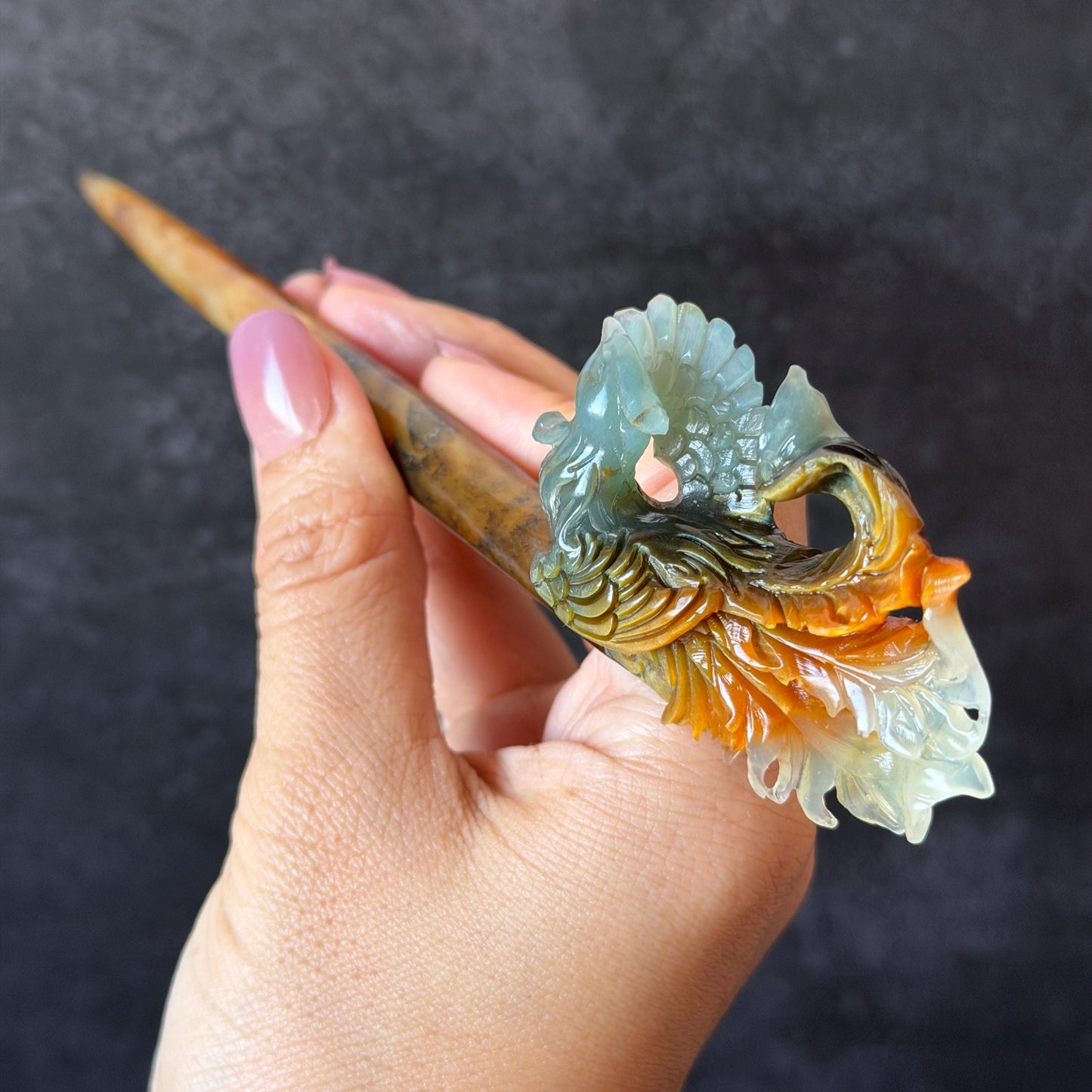 Xiu Jade (Serpentine) Hand Carved Phoenix Hair Pin: Natural Multi-coloured Brown, White, Blue Jade Hair Stick, 3D stone carving | Asian Chinese Vintage Hanfu Hair Fork gift for her blue jade green jade brown jade white jade multi color jade carving phoenix carving  certified natural jade untreated jade with certificate chinese hairpins japanese hair pins korean hair stick hanfu hair comb antique hair fork wedding headpiece