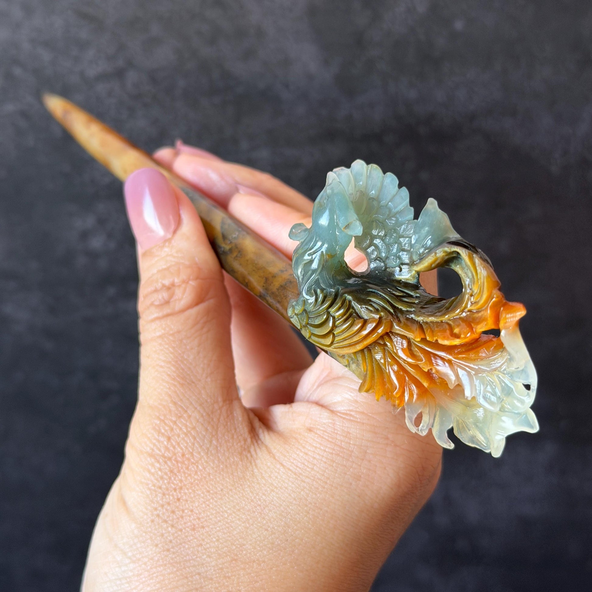 Xiu Jade (Serpentine) Hand Carved Phoenix Hair Pin: Natural Multi-coloured Brown, White, Blue Jade Hair Stick, 3D stone carving | Asian Chinese Vintage Hanfu Hair Fork gift for her blue jade green jade brown jade white jade multi color jade carving phoenix carving  certified natural jade untreated jade with certificate chinese hairpins japanese hair pins korean hair stick hanfu hair comb antique hair fork wedding headpiece