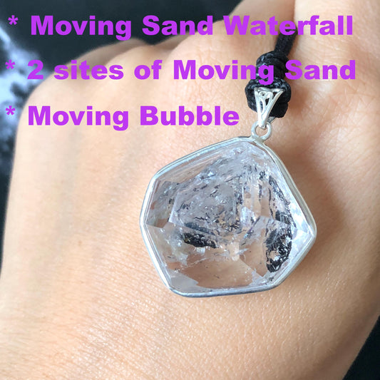 Rare Polished Enhydro Quartz (Herkimer Diamond) S925 Silver Pendant Adjustable Necklace | 2 Sites of Moving Sand & Clear Bubble Inclusion Crystal | Natural Gemstone Birthstone Gift for her men necklace chakra crystal purify stone minerals specimen adjustable choker silver pendant inclusion crystal inclusion quartz jewelry rainbow quartz choker necklace enhydro crystal S925 silver pendant