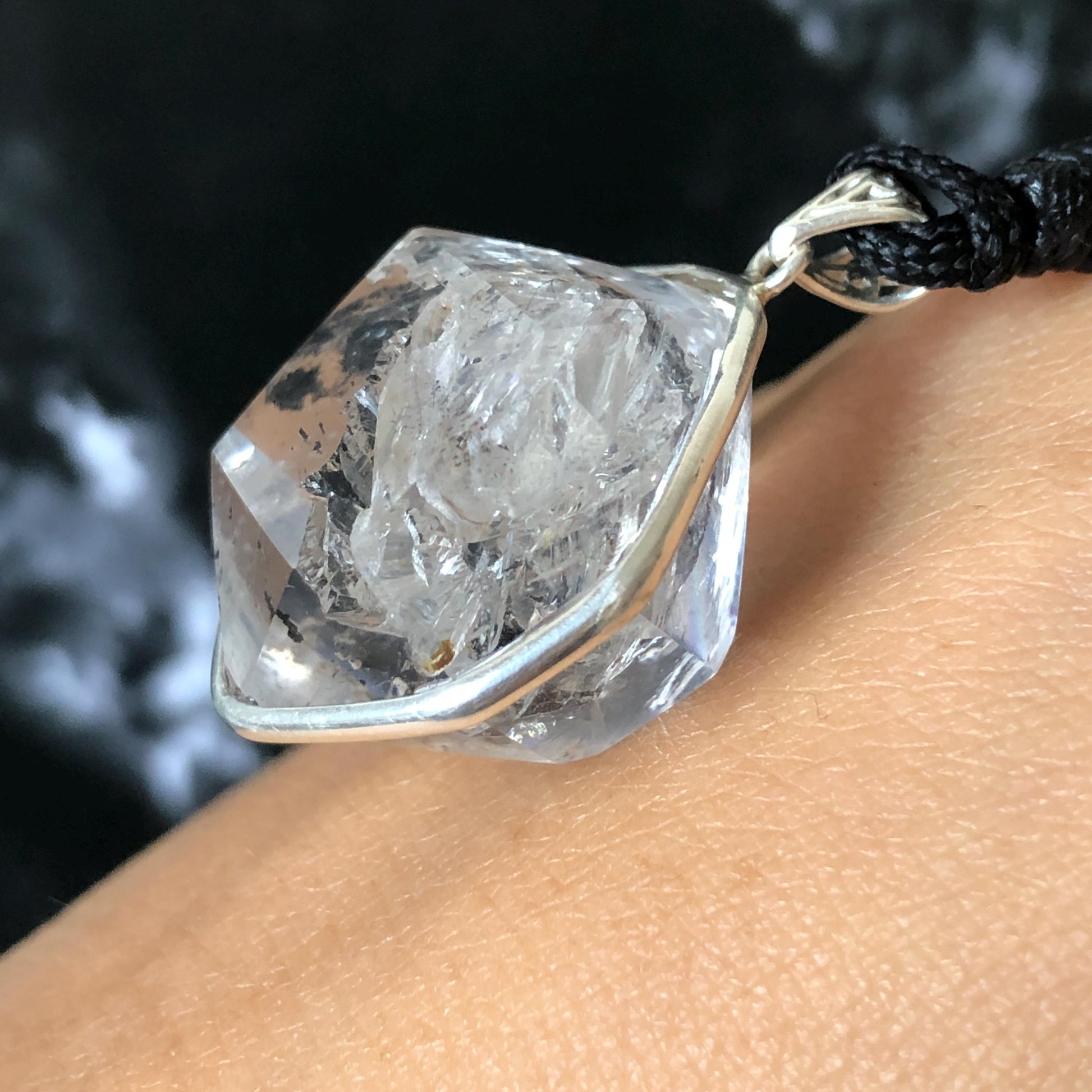Rare Polished Enhydro Quartz (Herkimer Diamond) S925 Silver Pendant Adjustable Necklace | 2 Sites of Moving Sand & Clear Bubble Inclusion Crystal | Natural Gemstone Birthstone Gift for her men necklace chakra crystal purify stone minerals specimen adjustable choker silver pendant inclusion crystal inclusion quartz jewelry rainbow quartz choker necklace enhydro crystal S925 silver pendant