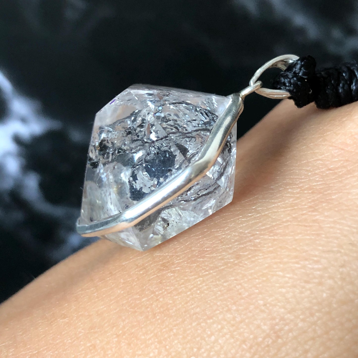 Rare Polished Enhydro Quartz (Herkimer Diamond) S925 Silver Pendant Adjustable Necklace | 2 Sites of Moving Sand & Clear Bubble Inclusion Crystal | Natural Gemstone Birthstone Gift for her men necklace chakra crystal purify stone minerals specimen adjustable choker silver pendant inclusion crystal inclusion quartz jewelry rainbow quartz choker necklace enhydro crystal S925 silver pendant