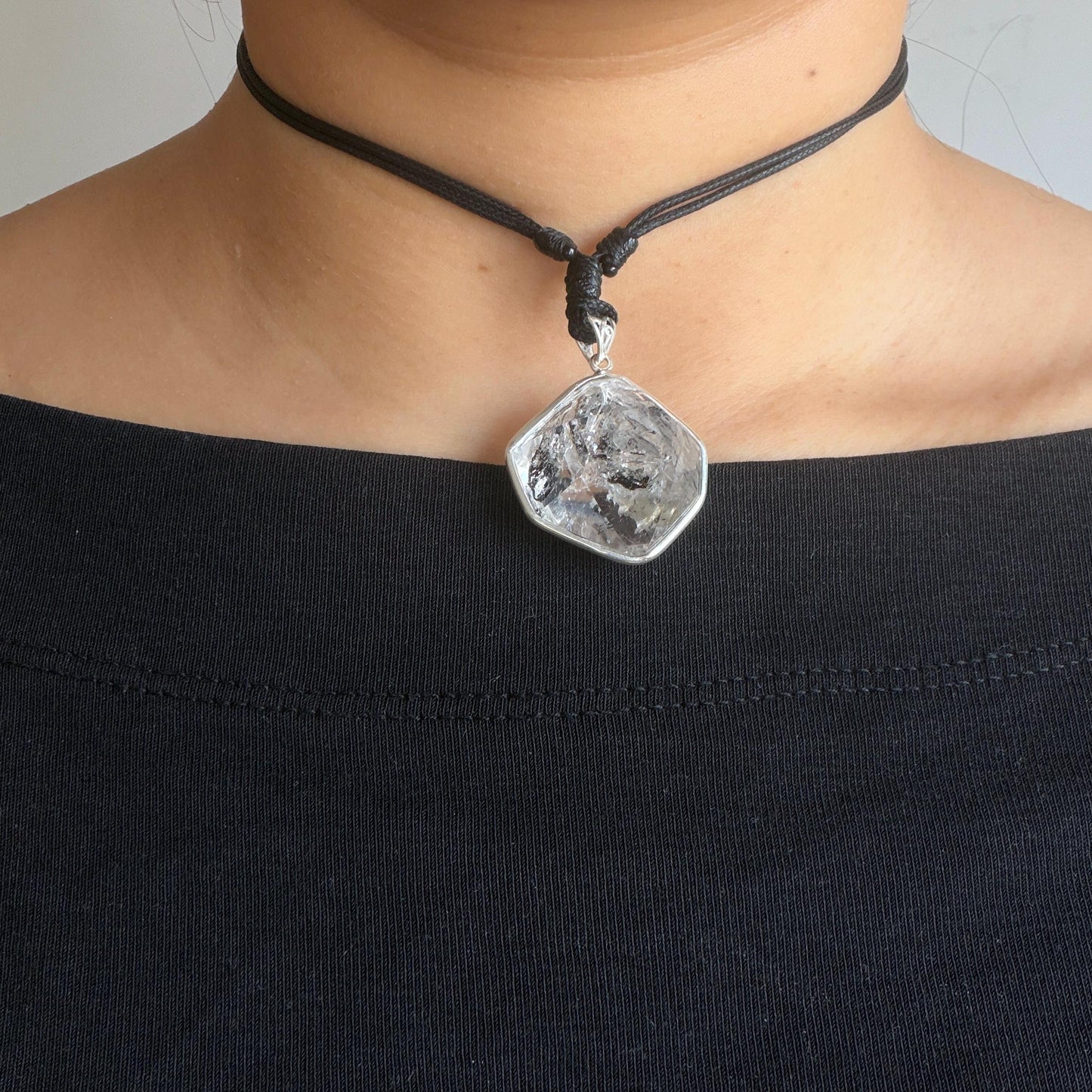 Rare Polished Enhydro Quartz (Herkimer Diamond) S925 Silver Pendant Adjustable Necklace | 2 Sites of Moving Sand & Clear Bubble Inclusion Crystal | Natural Gemstone Birthstone Gift for her men necklace chakra crystal purify stone minerals specimen adjustable choker silver pendant inclusion crystal inclusion quartz jewelry rainbow quartz choker necklace enhydro crystal S925 silver pendant