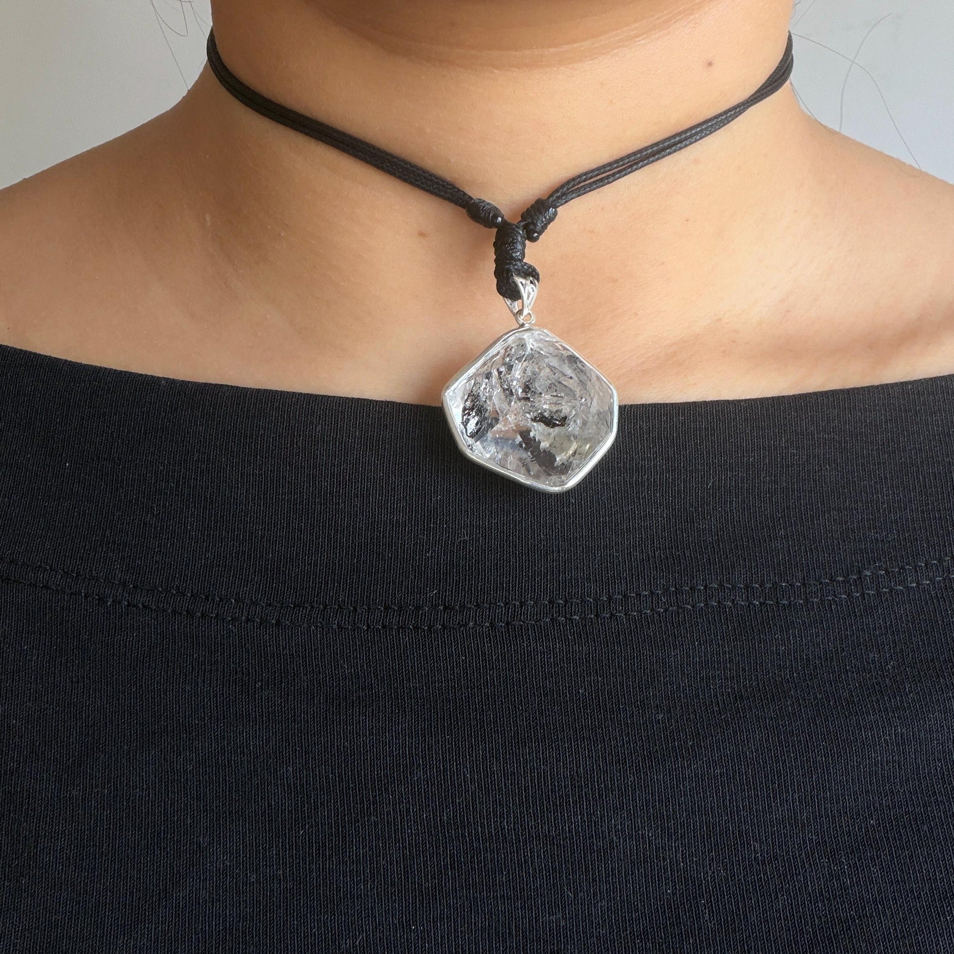 Rare Polished Enhydro Quartz (Herkimer Diamond) S925 Silver Pendant Adjustable Necklace | 2 Sites of Moving Sand & Clear Bubble Inclusion Crystal | Natural Gemstone Birthstone Gift for her men necklace chakra crystal purify stone minerals specimen adjustable choker silver pendant inclusion crystal inclusion quartz jewelry rainbow quartz choker necklace enhydro crystal S925 silver pendant
