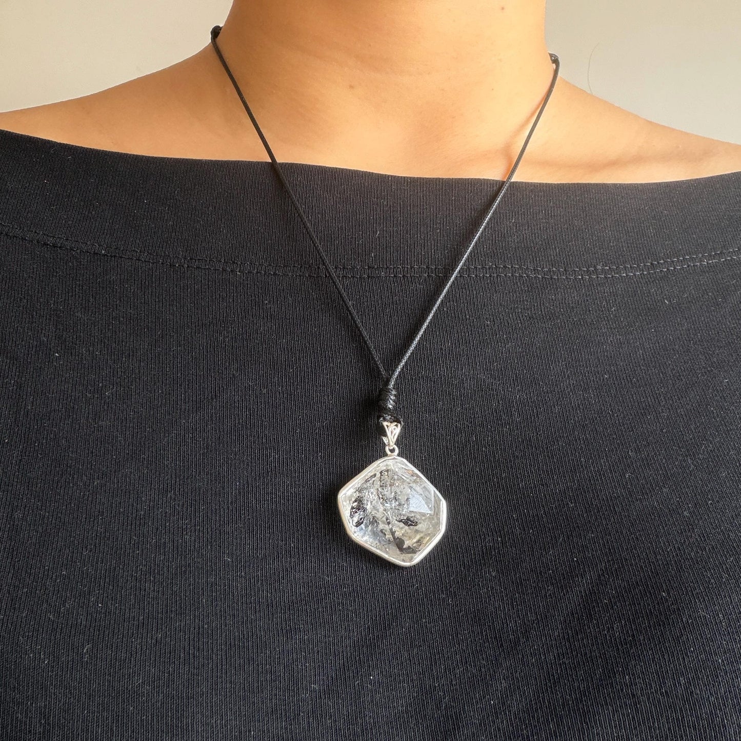 Rare Polished Enhydro Quartz (Herkimer Diamond) S925 Silver Pendant Adjustable Necklace | 2 Sites of Moving Sand & Clear Bubble Inclusion Crystal | Natural Gemstone Birthstone Gift for her men necklace chakra crystal purify stone minerals specimen adjustable choker silver pendant inclusion crystal inclusion quartz jewelry rainbow quartz choker necklace enhydro crystal S925 silver pendant