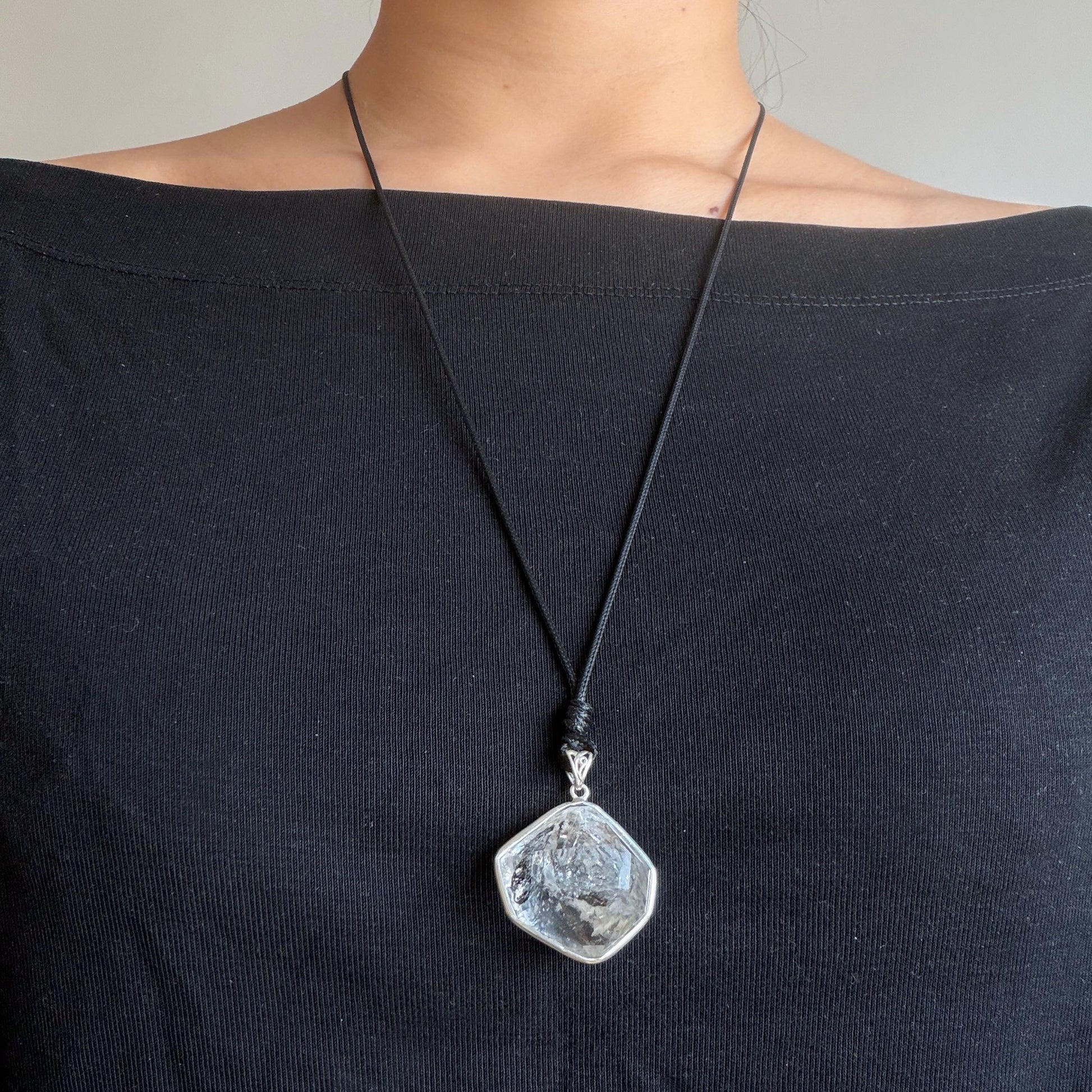 Rare Polished Enhydro Quartz (Herkimer Diamond) S925 Silver Pendant Adjustable Necklace | 2 Sites of Moving Sand & Clear Bubble Inclusion Crystal | Natural Gemstone Birthstone Gift for her men necklace chakra crystal purify stone minerals specimen adjustable choker silver pendant inclusion crystal inclusion quartz jewelry rainbow quartz choker necklace enhydro crystal S925 silver pendant