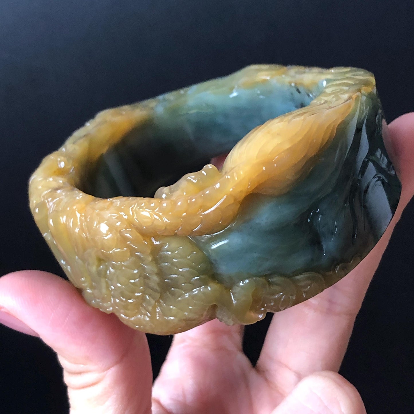 56mm Xiu Jade Serpentine Hand Carved Golden Dragon Bangle: Natural Yellow Greenish Blue Jade Handcrafted Bracelet, Stone Carving Gemstone Jewelry Gift for her wide jade bangle jade carving hand engraved stone carving natural untreated jade bracelet green jade yellow jade blue jade handcraft jade dragon carving mountain carving chinese jade vintage bangle antique bracelet