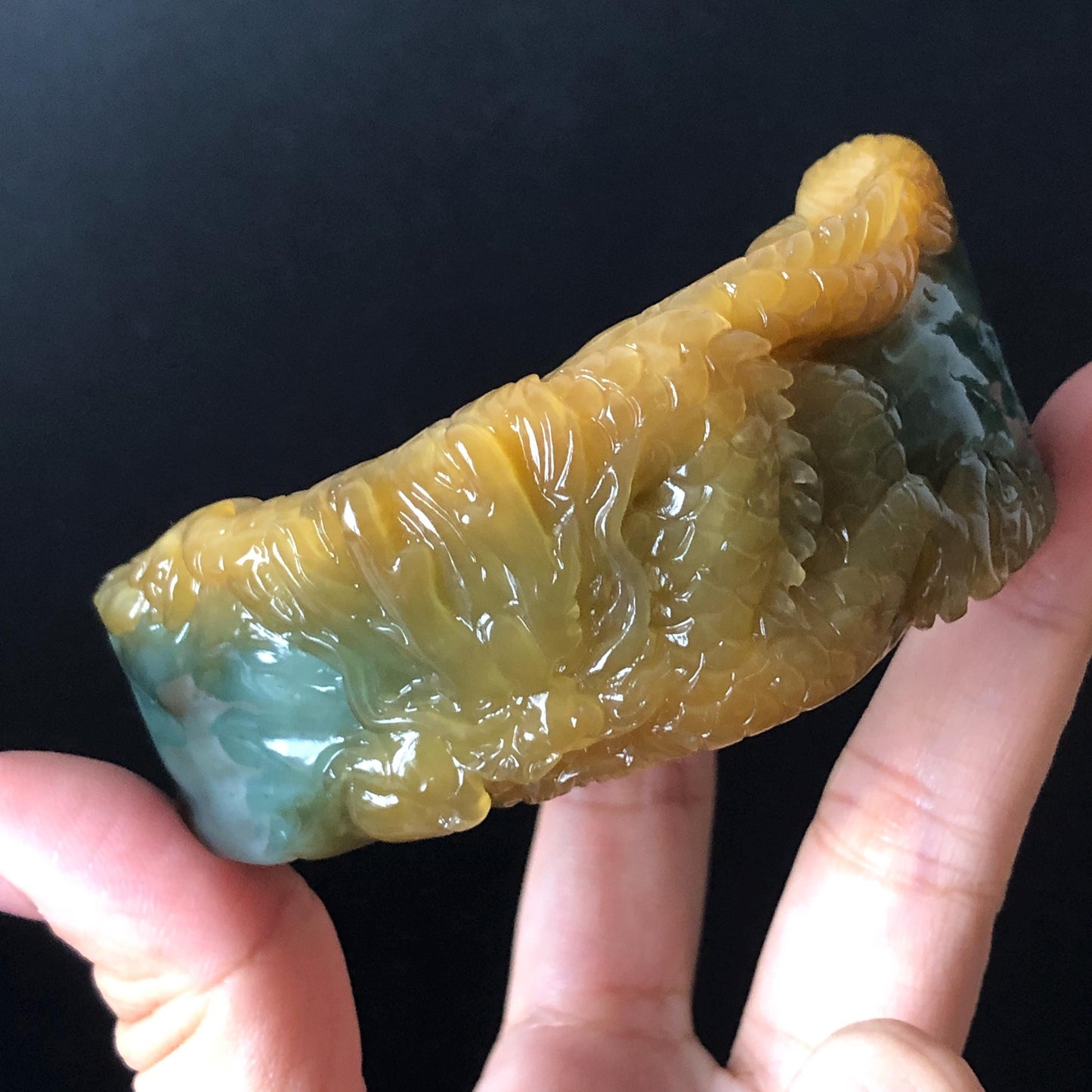 56mm Xiu Jade Serpentine Hand Carved Golden Dragon Bangle: Natural Yellow Greenish Blue Jade Handcrafted Bracelet, Stone Carving Gemstone Jewelry Gift for her wide jade bangle jade carving hand engraved stone carving natural untreated jade bracelet green jade yellow jade blue jade handcraft jade dragon carving mountain carving chinese jade vintage bangle antique bracelet