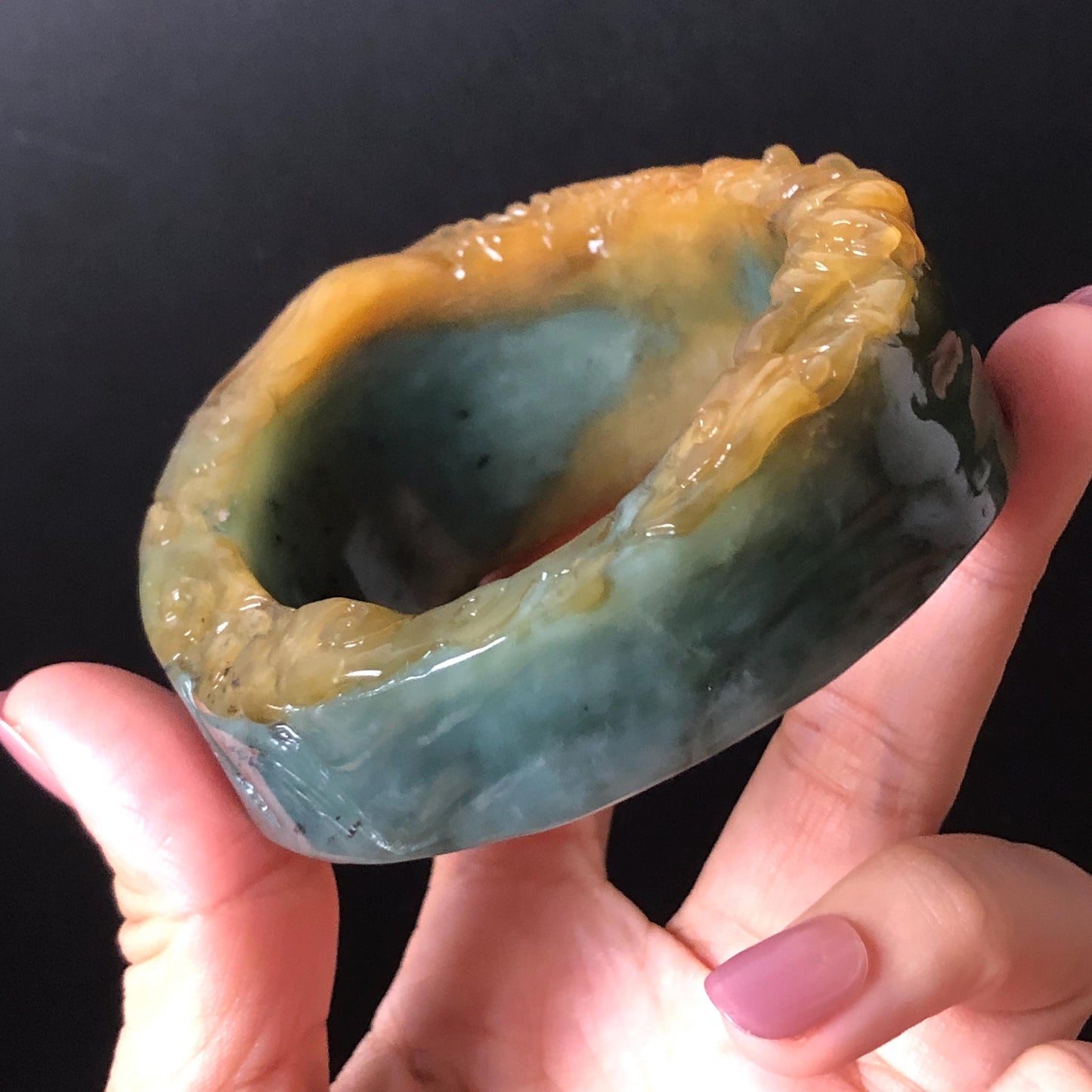 56mm Xiu Jade Serpentine Hand Carved Golden Dragon Bangle: Natural Yellow Greenish Blue Jade Handcrafted Bracelet, Stone Carving Gemstone Jewelry Gift for her wide jade bangle jade carving hand engraved stone carving natural untreated jade bracelet green jade yellow jade blue jade handcraft jade dragon carving mountain carving chinese jade vintage bangle antique bracelet