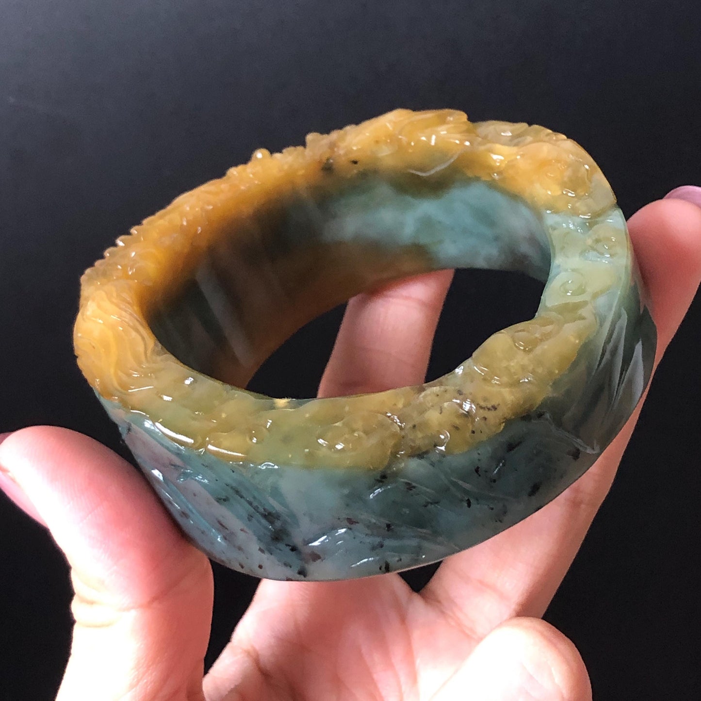 56mm Xiu Jade Serpentine Hand Carved Golden Dragon Bangle: Natural Yellow Greenish Blue Jade Handcrafted Bracelet, Stone Carving Gemstone Jewelry Gift for her wide jade bangle jade carving hand engraved stone carving natural untreated jade bracelet green jade yellow jade blue jade handcraft jade dragon carving mountain carving chinese jade vintage bangle antique bracelet