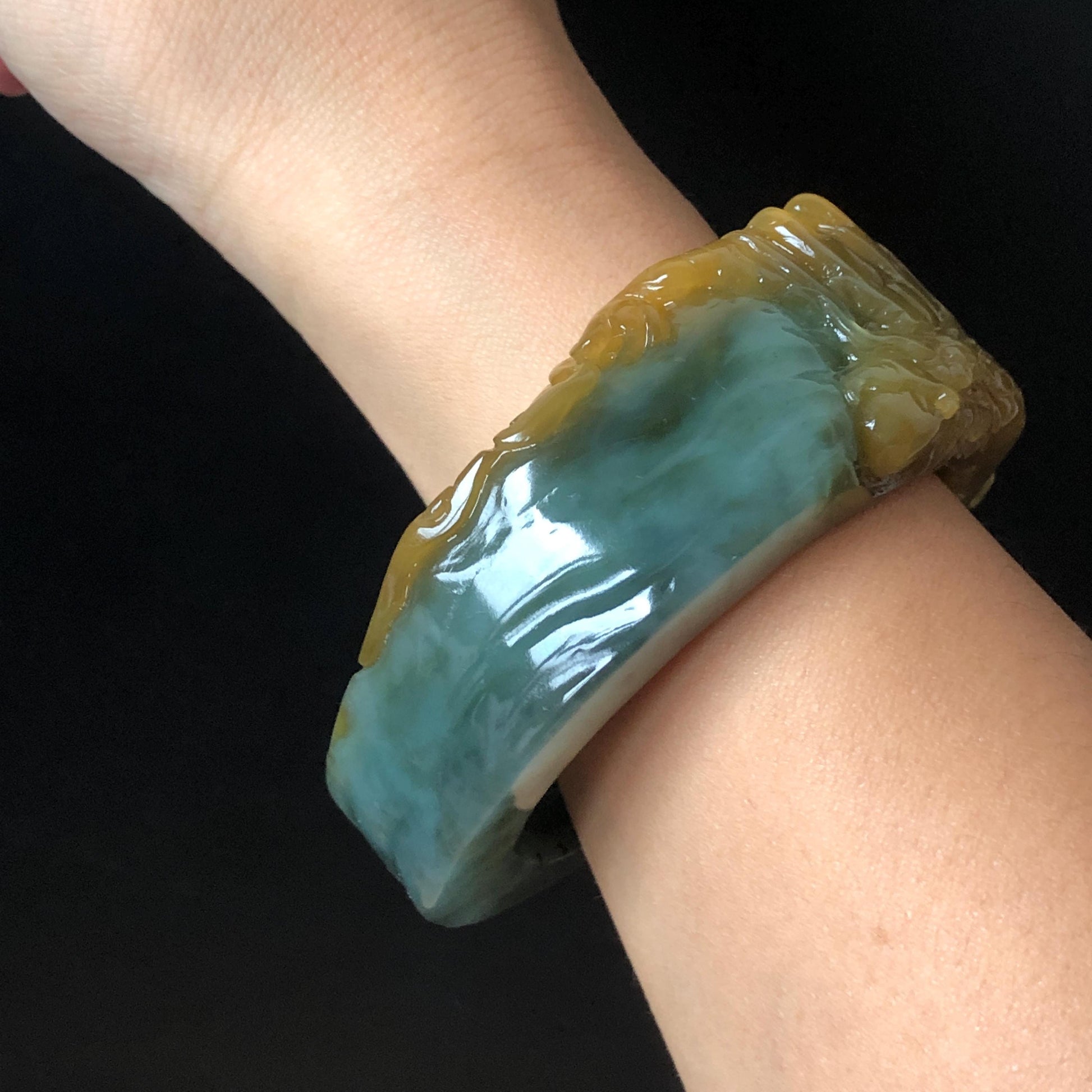56mm Xiu Jade Serpentine Hand Carved Golden Dragon Bangle: Natural Yellow Greenish Blue Jade Handcrafted Bracelet, Stone Carving Gemstone Jewelry Gift for her wide jade bangle jade carving hand engraved stone carving natural untreated jade bracelet green jade yellow jade blue jade handcraft jade dragon carving mountain carving chinese jade vintage bangle antique bracelet