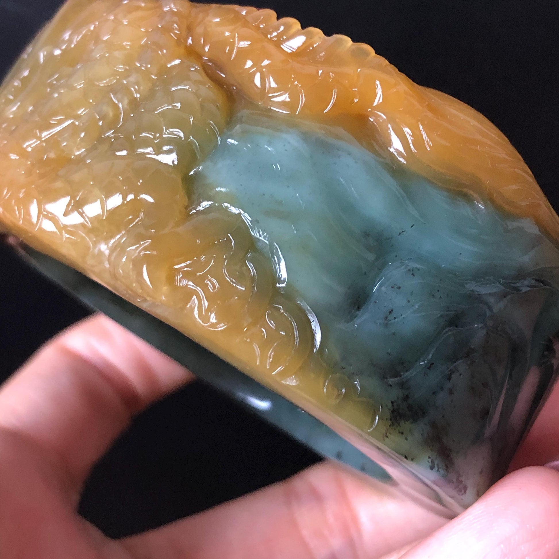 56mm Xiu Jade Serpentine Hand Carved Golden Dragon Bangle: Natural Yellow Greenish Blue Jade Handcrafted Bracelet, Stone Carving Gemstone Jewelry Gift for her wide jade bangle jade carving hand engraved stone carving natural untreated jade bracelet green jade yellow jade blue jade handcraft jade dragon carving mountain carving chinese jade vintage bangle antique bracelet