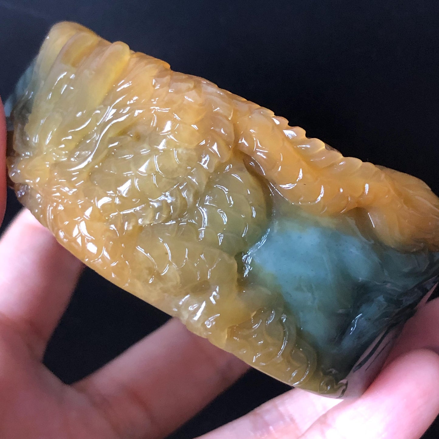 56mm Xiu Jade Serpentine Hand Carved Golden Dragon Bangle: Natural Yellow Greenish Blue Jade Handcrafted Bracelet, Stone Carving Gemstone Jewelry Gift for her wide jade bangle jade carving hand engraved stone carving natural untreated jade bracelet green jade yellow jade blue jade handcraft jade dragon carving mountain carving chinese jade vintage bangle antique bracelet