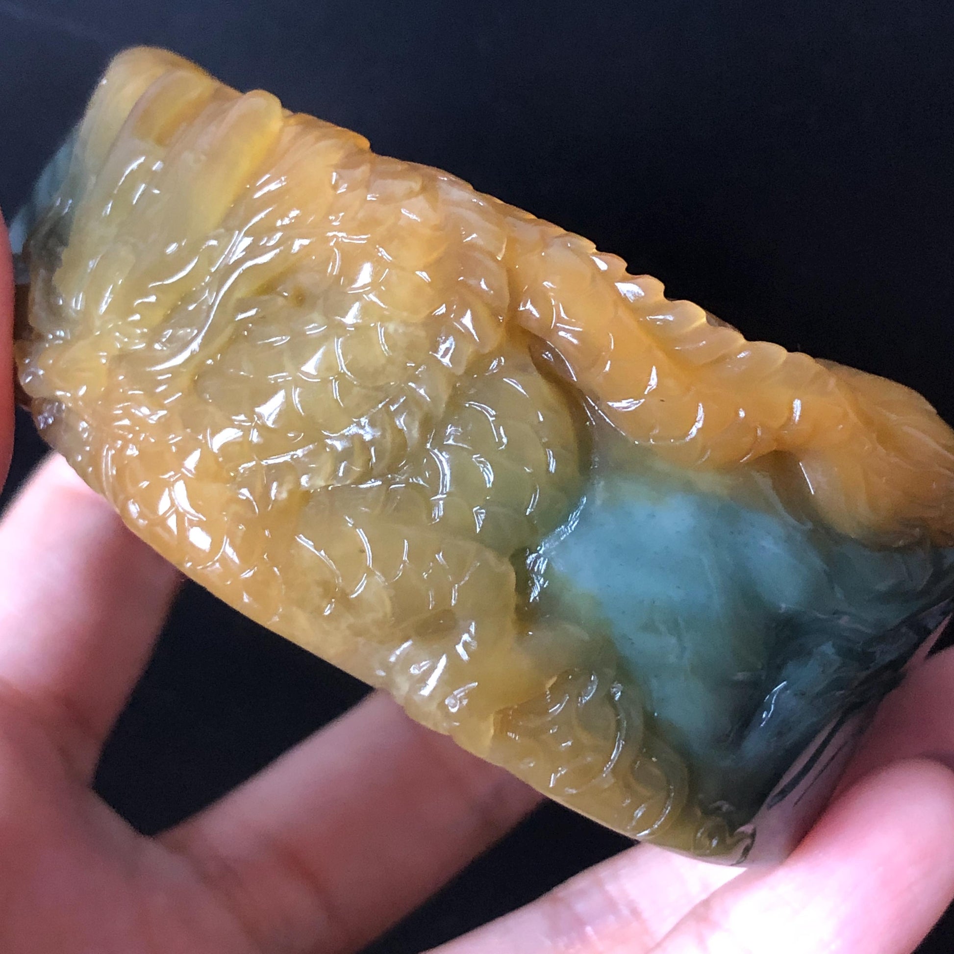 56mm Xiu Jade Serpentine Hand Carved Golden Dragon Bangle: Natural Yellow Greenish Blue Jade Handcrafted Bracelet, Stone Carving Gemstone Jewelry Gift for her wide jade bangle jade carving hand engraved stone carving natural untreated jade bracelet green jade yellow jade blue jade handcraft jade dragon carving mountain carving chinese jade vintage bangle antique bracelet