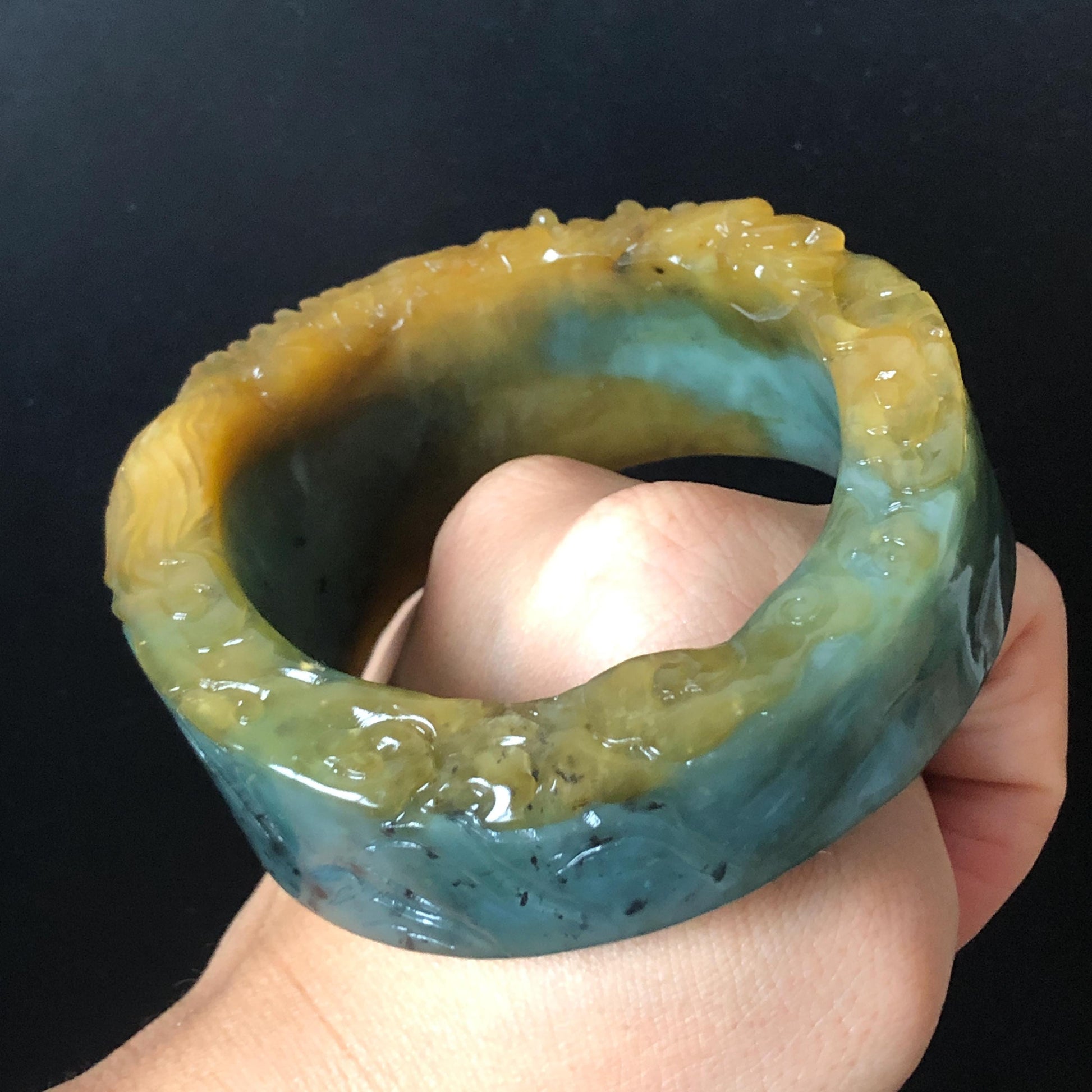 56mm Xiu Jade Serpentine Hand Carved Golden Dragon Bangle: Natural Yellow Greenish Blue Jade Handcrafted Bracelet, Stone Carving Gemstone Jewelry Gift for her wide jade bangle jade carving hand engraved stone carving natural untreated jade bracelet green jade yellow jade blue jade handcraft jade dragon carving mountain carving chinese jade vintage bangle antique bracelet