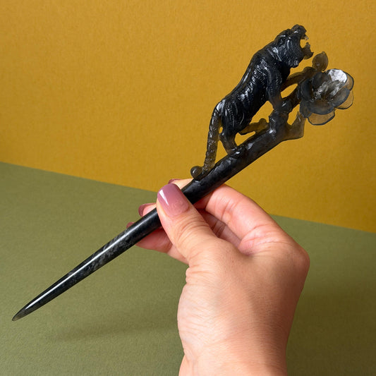 Xiu Jade (Serpentine) Hand Carved Tiger & Rose Hair Pin: Natural Handcrafted Black Jade Hair Stick with Certificate | Asian Chinese Vintage Hair Fork Gift black jade carving hand engraved tiger hairpins hand carved hair stick cat carving tiger carving black tiger hair fork flower carving natural untreated jade with  japanese hair stick korean hair fork chinese hair pins hanfu hairpins vintage hair comb tiger lover gift gothic hairpins jade hair accessory carved hair jewelry rose carving