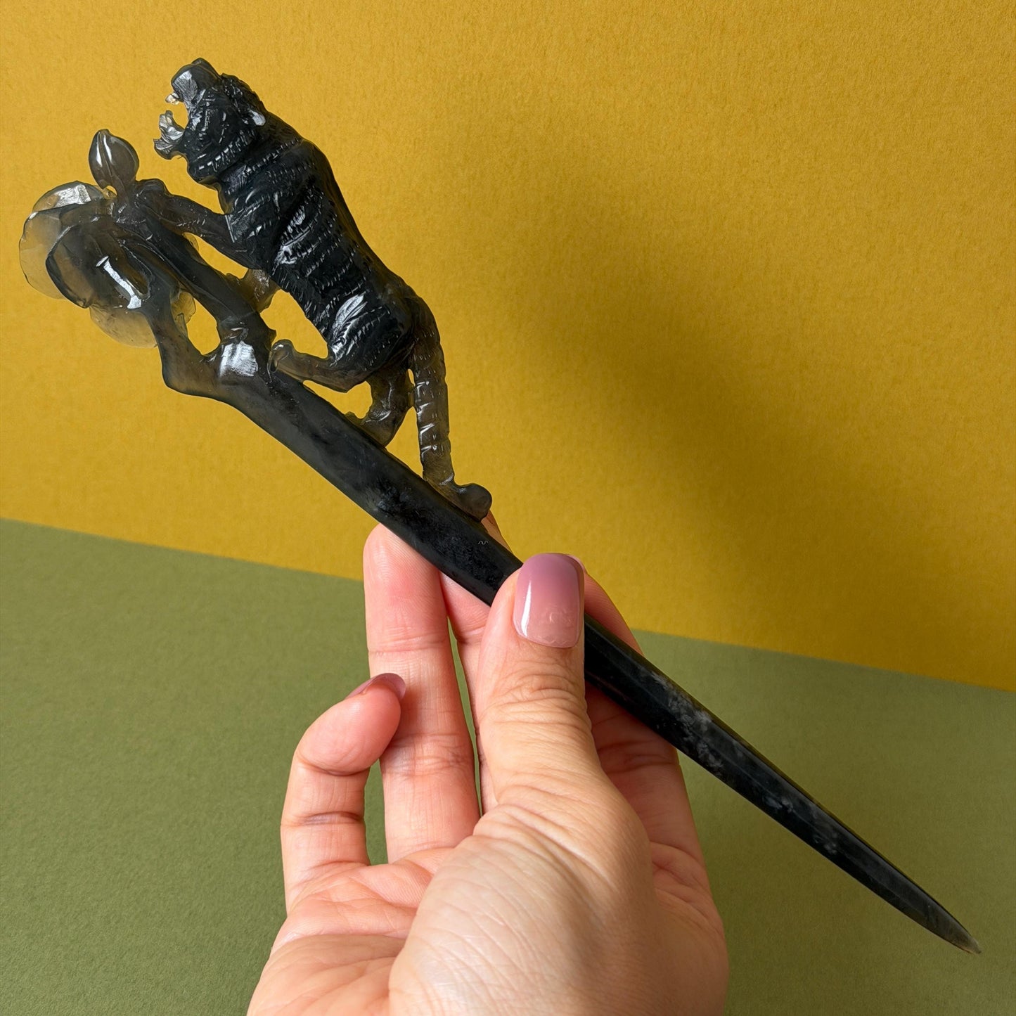 Xiu Jade (Serpentine) Hand Carved Tiger & Rose Hair Pin: Natural Handcrafted Black Jade Hair Stick with Certificate | Asian Chinese Vintage Hair Fork Gift black jade carving hand engraved tiger hairpins hand carved hair stick cat carving tiger carving black tiger hair fork flower carving natural untreated jade with  japanese hair stick korean hair fork chinese hair pins hanfu hairpins vintage hair comb tiger lover gift gothic hairpins jade hair accessory carved hair jewelry rose carving