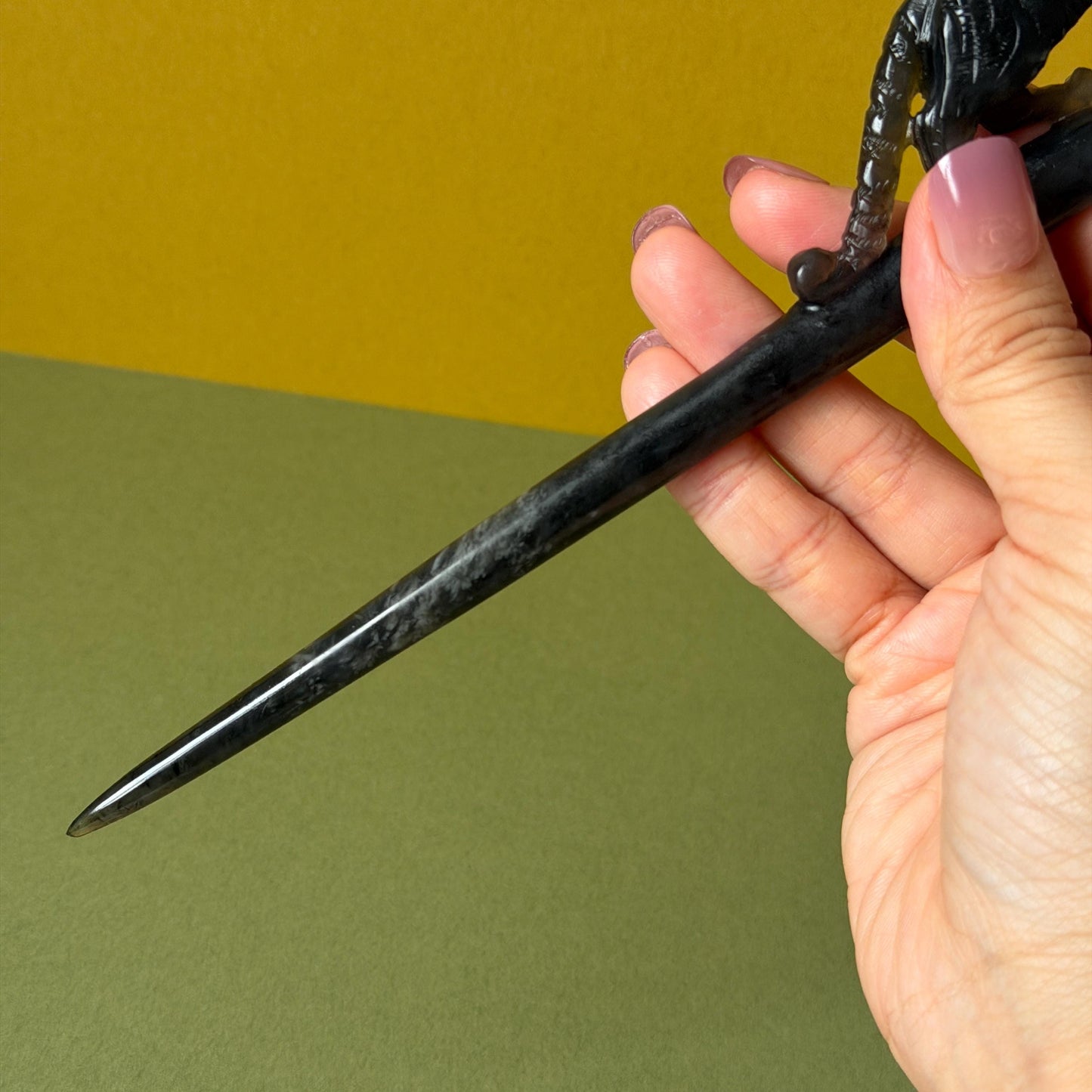 Xiu Jade (Serpentine) Hand Carved Tiger & Rose Hair Pin: Natural Handcrafted Black Jade Hair Stick with Certificate | Asian Chinese Vintage Hair Fork Gift black jade carving hand engraved tiger hairpins hand carved hair stick cat carving tiger carving black tiger hair fork flower carving natural untreated jade with  japanese hair stick korean hair fork chinese hair pins hanfu hairpins vintage hair comb tiger lover gift gothic hairpins jade hair accessory carved hair jewelry rose carving