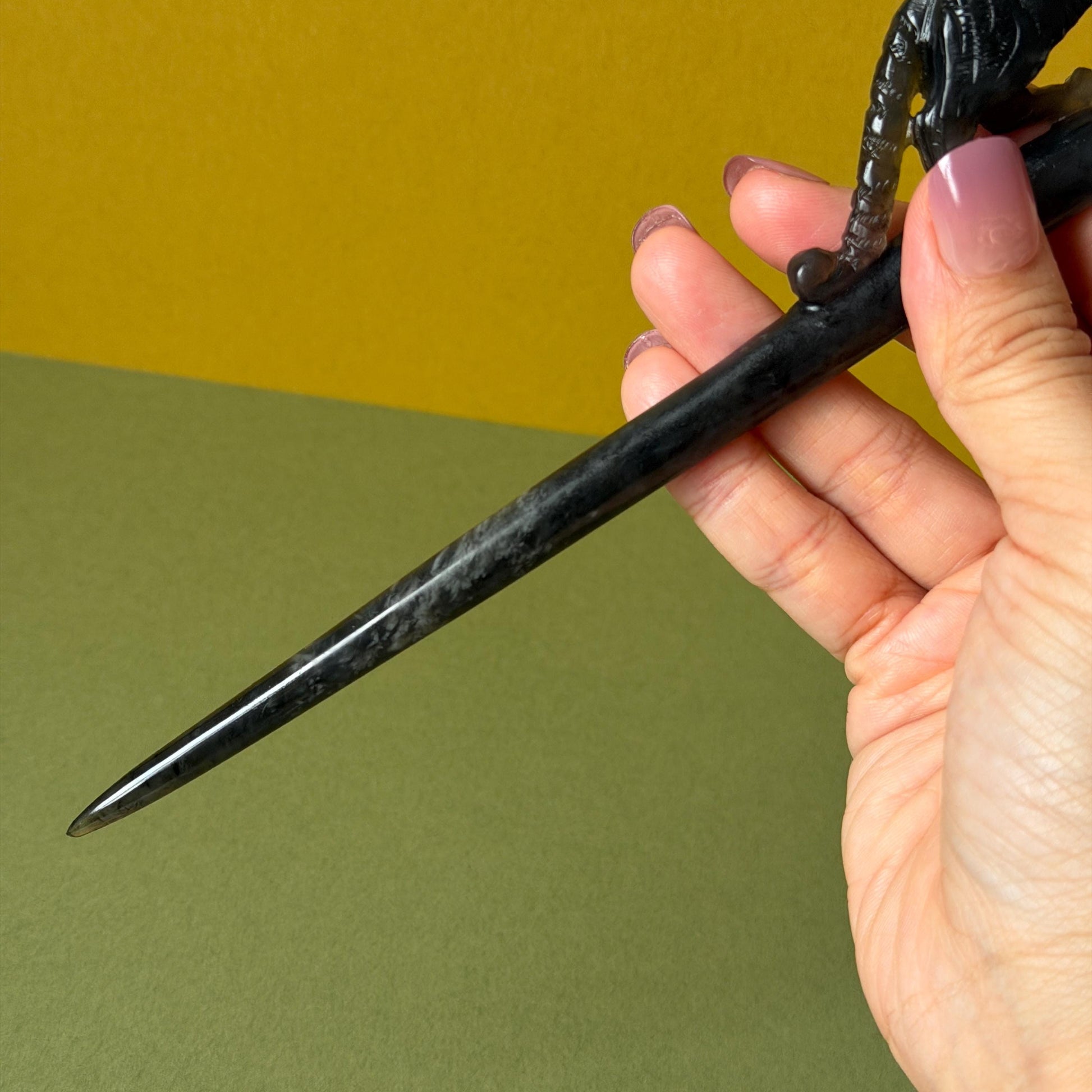 Xiu Jade (Serpentine) Hand Carved Tiger & Rose Hair Pin: Natural Handcrafted Black Jade Hair Stick with Certificate | Asian Chinese Vintage Hair Fork Gift black jade carving hand engraved tiger hairpins hand carved hair stick cat carving tiger carving black tiger hair fork flower carving natural untreated jade with  japanese hair stick korean hair fork chinese hair pins hanfu hairpins vintage hair comb tiger lover gift gothic hairpins jade hair accessory carved hair jewelry rose carving