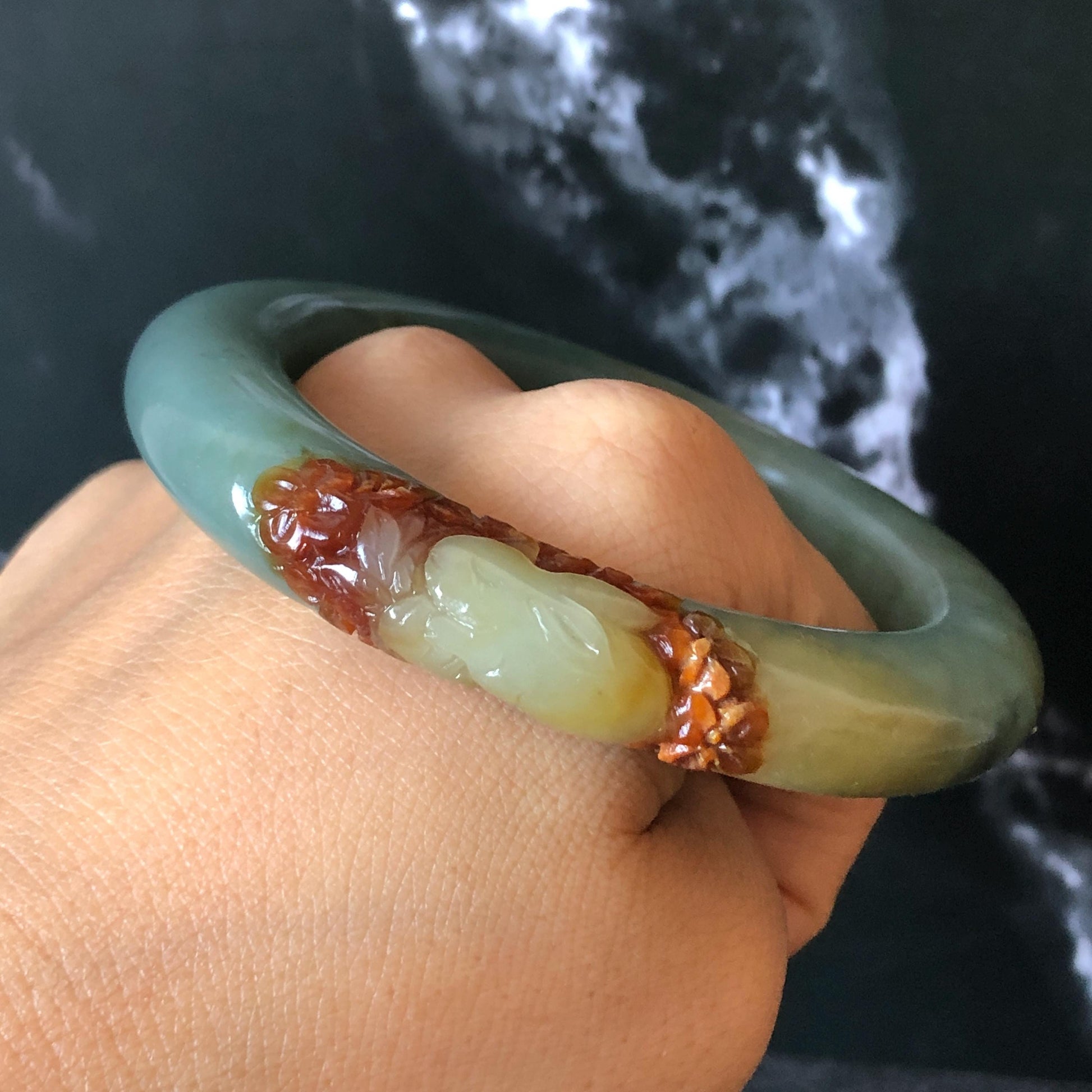 55.3mm Xiu Jade Serpentine Hand Carved Rabbit & Radish Bangle: Natural White Brown Yellow Green Jade Handcrafted Bracelet, Stone Carving Gemstone Jewelry Gift for her wide jade bangle jade carving hand engraved stone carving natural untreated jade bracelet green jade yellow jade brown jade handcraft jade peony carving flower carving chinese jade vintage bangle antique bracelet