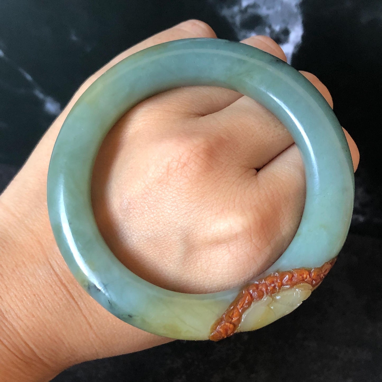 55.3mm Xiu Jade Serpentine Hand Carved Rabbit & Radish Bangle: Natural White Brown Yellow Green Jade Handcrafted Bracelet, Stone Carving Gemstone Jewelry Gift for her wide jade bangle jade carving hand engraved stone carving natural untreated jade bracelet green jade yellow jade brown jade handcraft jade peony carving flower carving chinese jade vintage bangle antique bracelet