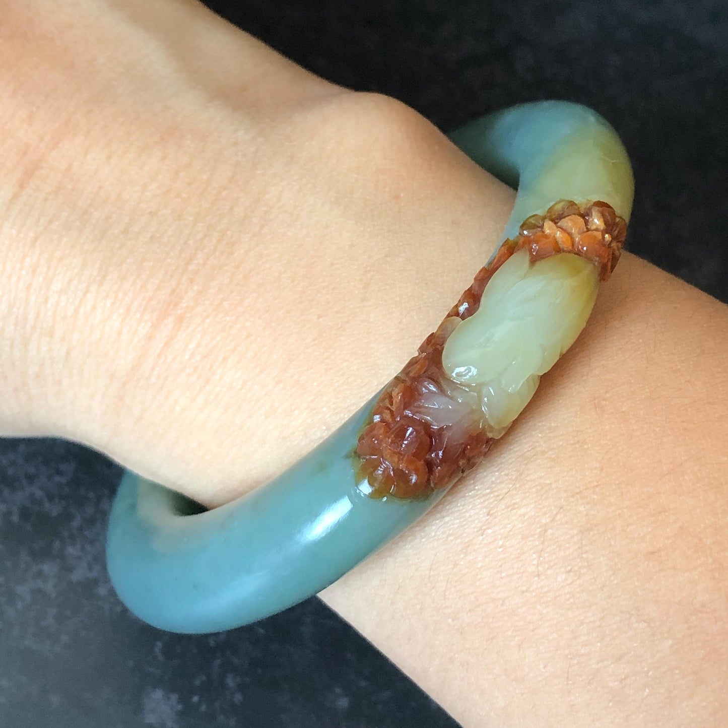 55.3mm Xiu Jade Serpentine Hand Carved Rabbit & Radish Bangle: Natural White Brown Yellow Green Jade Handcrafted Bracelet, Stone Carving Gemstone Jewelry Gift for her wide jade bangle jade carving hand engraved stone carving natural untreated jade bracelet green jade yellow jade brown jade handcraft jade peony carving flower carving chinese jade vintage bangle antique bracelet