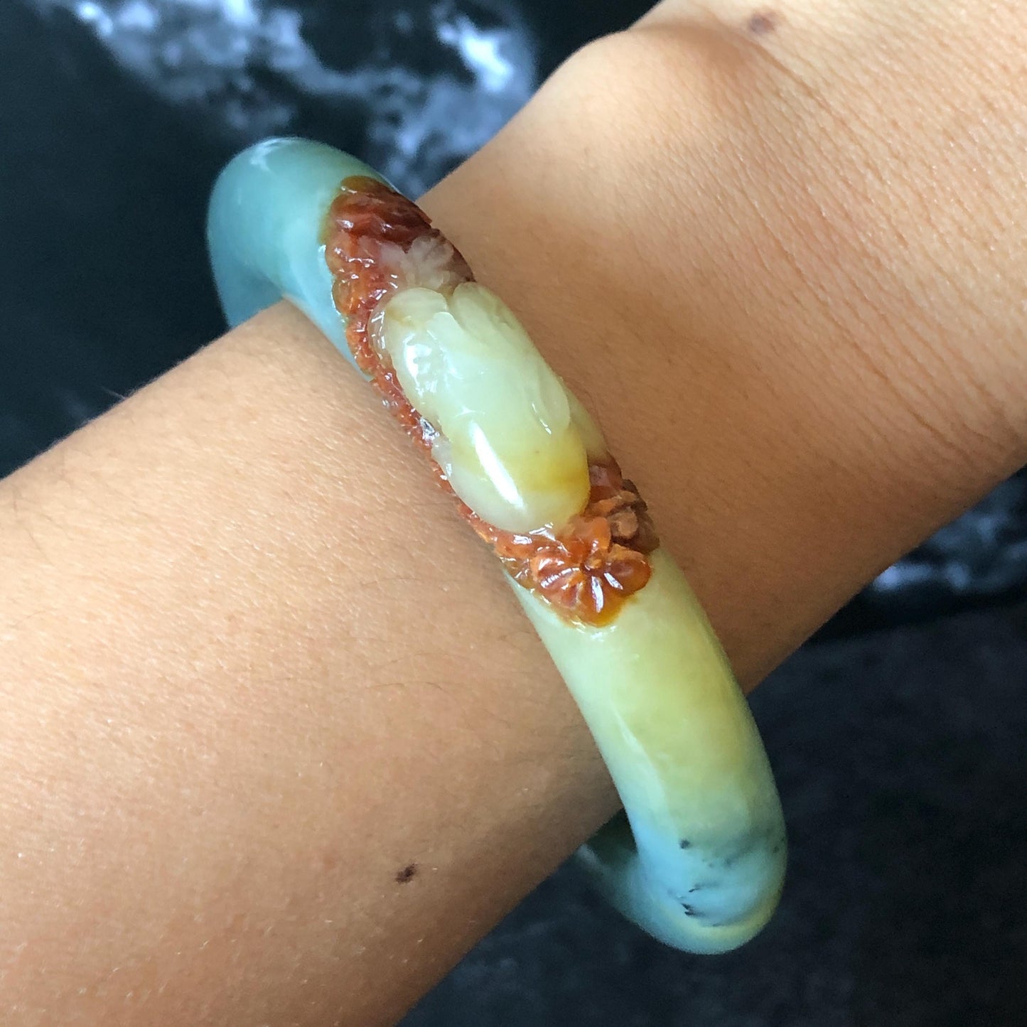 55.3mm Xiu Jade Serpentine Hand Carved Rabbit & Radish Bangle: Natural White Brown Yellow Green Jade Handcrafted Bracelet, Stone Carving Gemstone Jewelry Gift for her wide jade bangle jade carving hand engraved stone carving natural untreated jade bracelet green jade yellow jade brown jade handcraft jade peony carving flower carving chinese jade vintage bangle antique bracelet