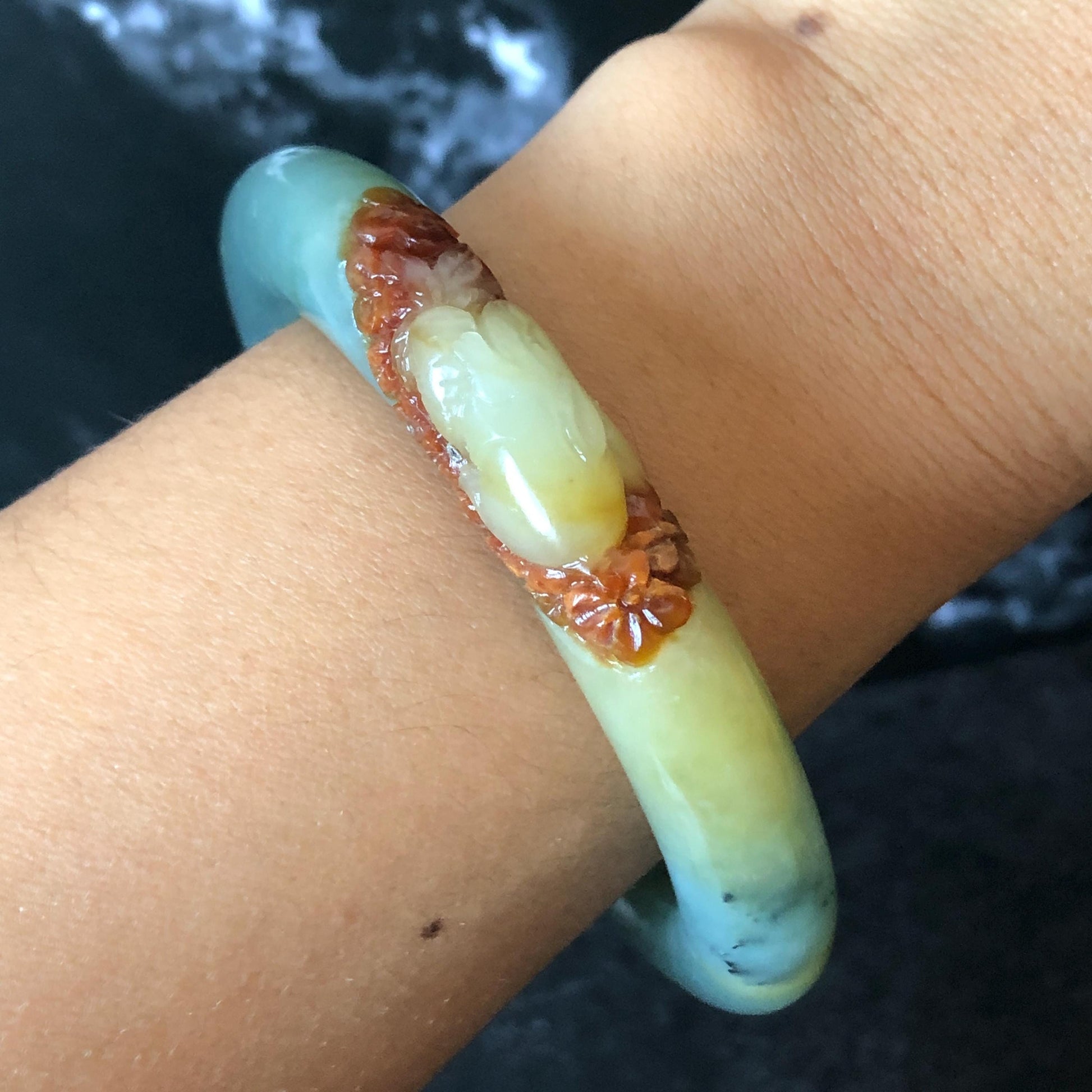 55.3mm Xiu Jade Serpentine Hand Carved Rabbit & Radish Bangle: Natural White Brown Yellow Green Jade Handcrafted Bracelet, Stone Carving Gemstone Jewelry Gift for her wide jade bangle jade carving hand engraved stone carving natural untreated jade bracelet green jade yellow jade brown jade handcraft jade peony carving flower carving chinese jade vintage bangle antique bracelet