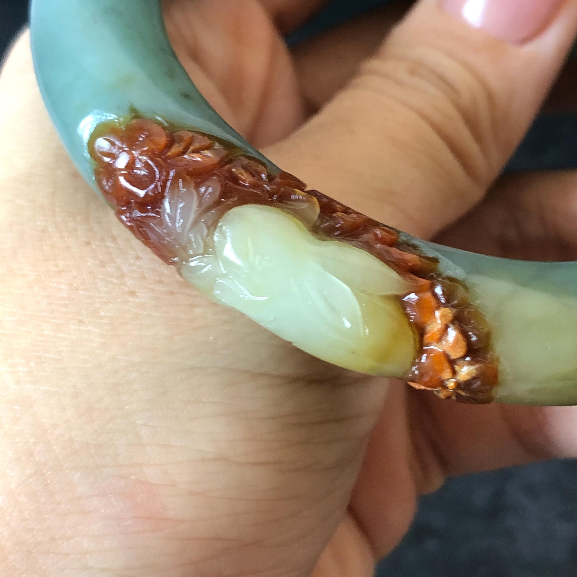 55.3mm Xiu Jade Serpentine Hand Carved Rabbit & Radish Bangle: Natural White Brown Yellow Green Jade Handcrafted Bracelet, Stone Carving Gemstone Jewelry Gift for her wide jade bangle jade carving hand engraved stone carving natural untreated jade bracelet green jade yellow jade brown jade handcraft jade peony carving flower carving chinese jade vintage bangle antique bracelet