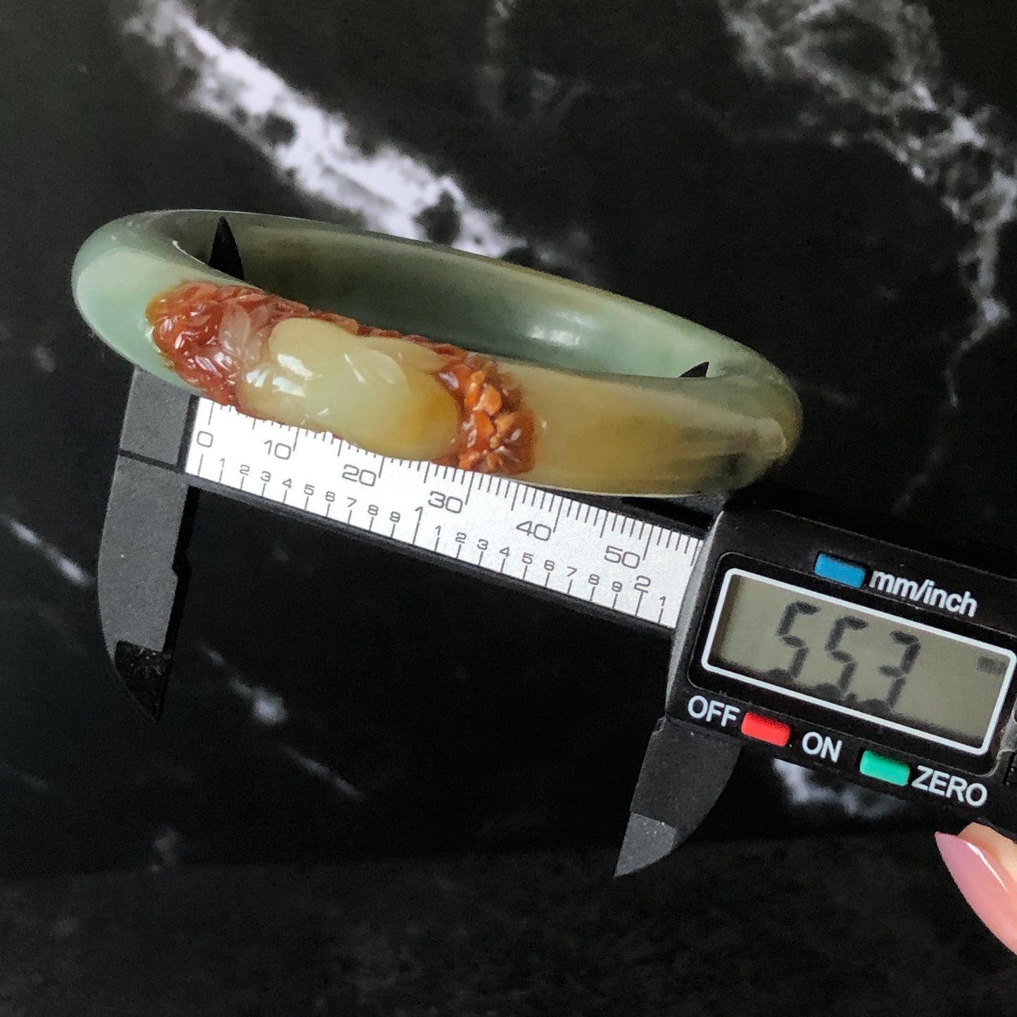 55.3mm Xiu Jade Serpentine Hand Carved Rabbit & Radish Bangle: Natural White Brown Yellow Green Jade Handcrafted Bracelet, Stone Carving Gemstone Jewelry Gift for her wide jade bangle jade carving hand engraved stone carving natural untreated jade bracelet green jade yellow jade brown jade handcraft jade peony carving flower carving chinese jade vintage bangle antique bracelet